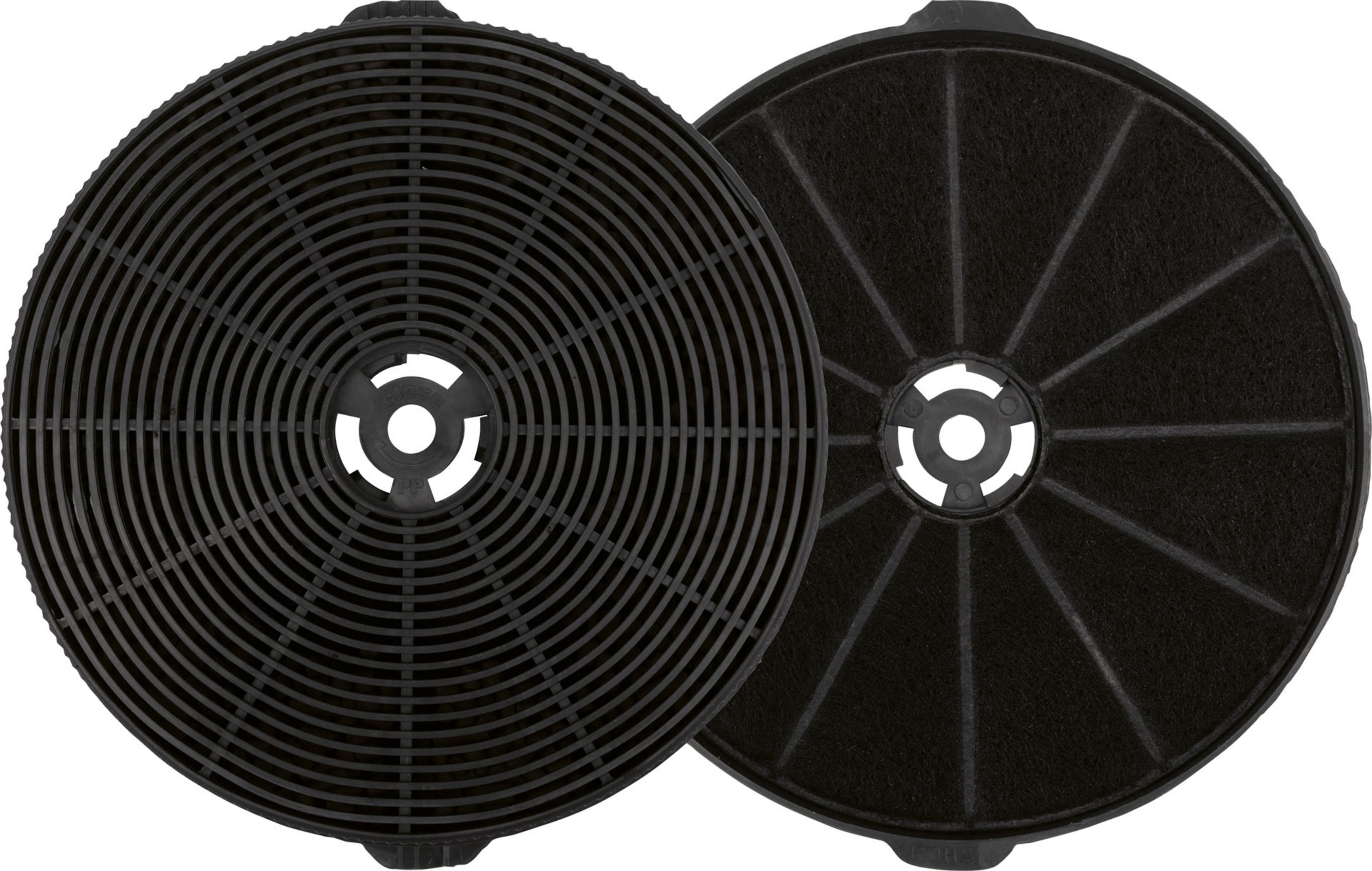 Dwa czarne, okrągłe filtry węglowe do okapu kuchennego. Jeden ma spiralny wzór, drugi płaski.