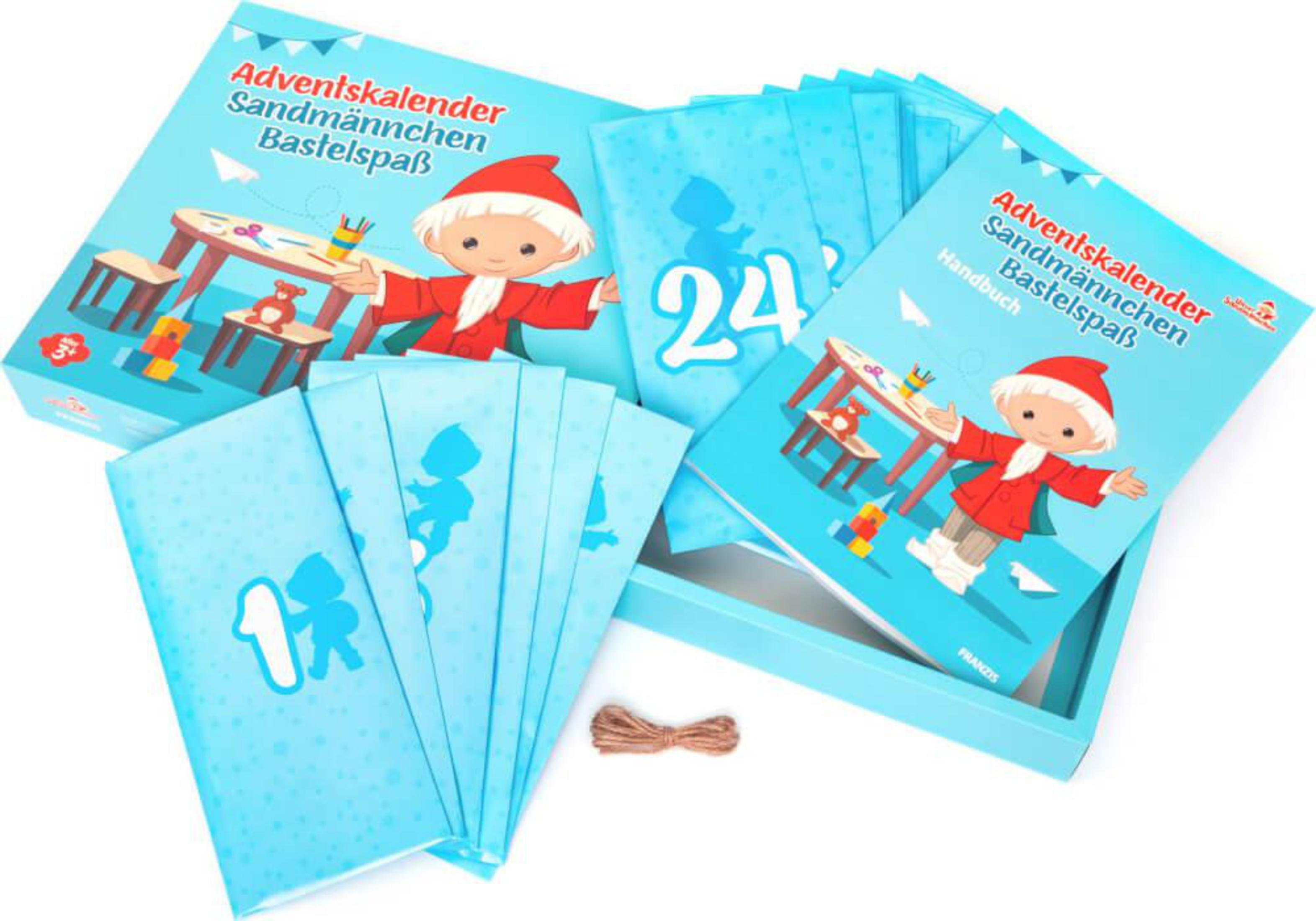 Adventskalender-Set: Boxen mit Zahlen, ein Handbuch und eine Box. Blaue und weiße Farben.
