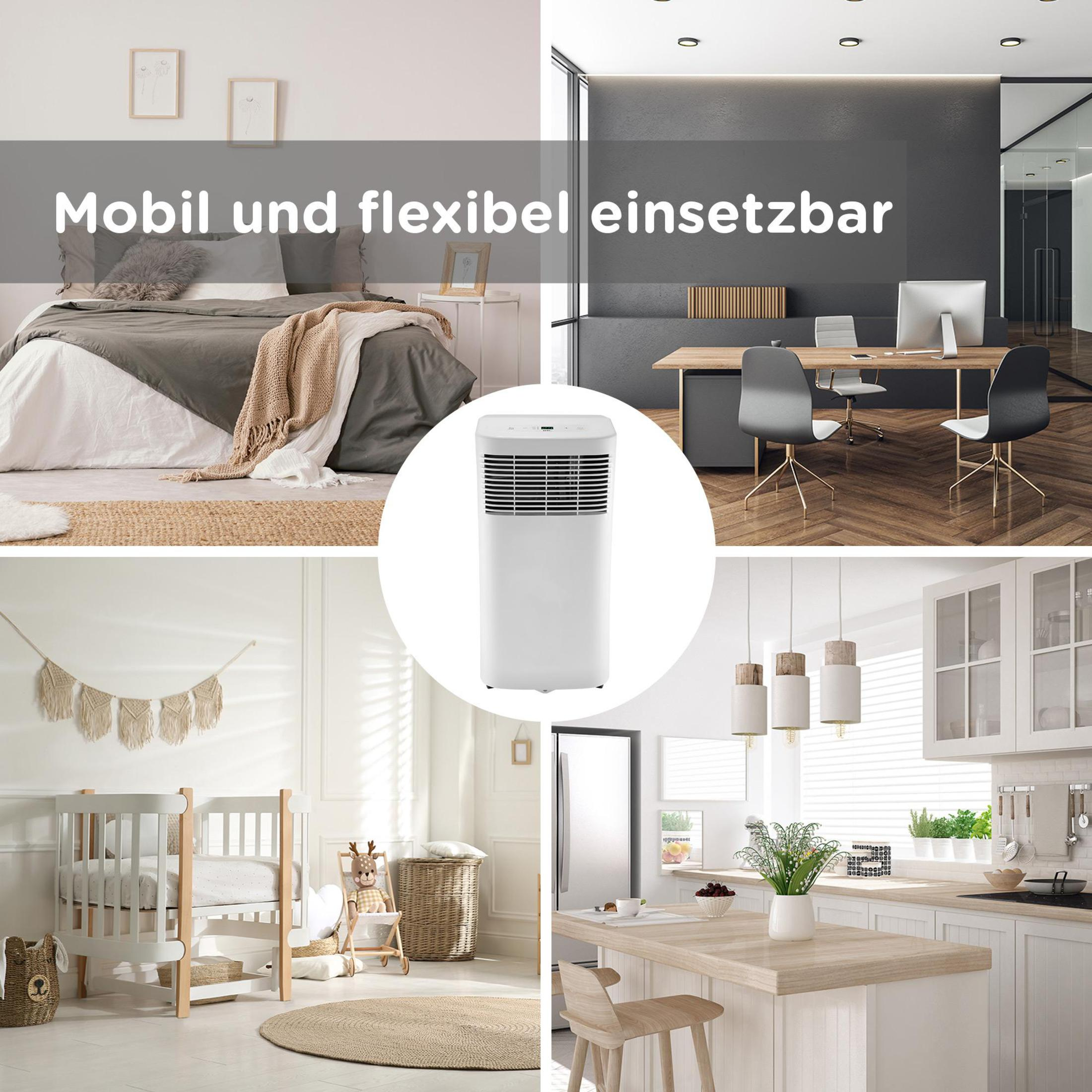Ein weißer Luftkühler in verschiedenen Raumeinstellungen: Schlafzimmer, Büro, Kinderzimmer und Küche.