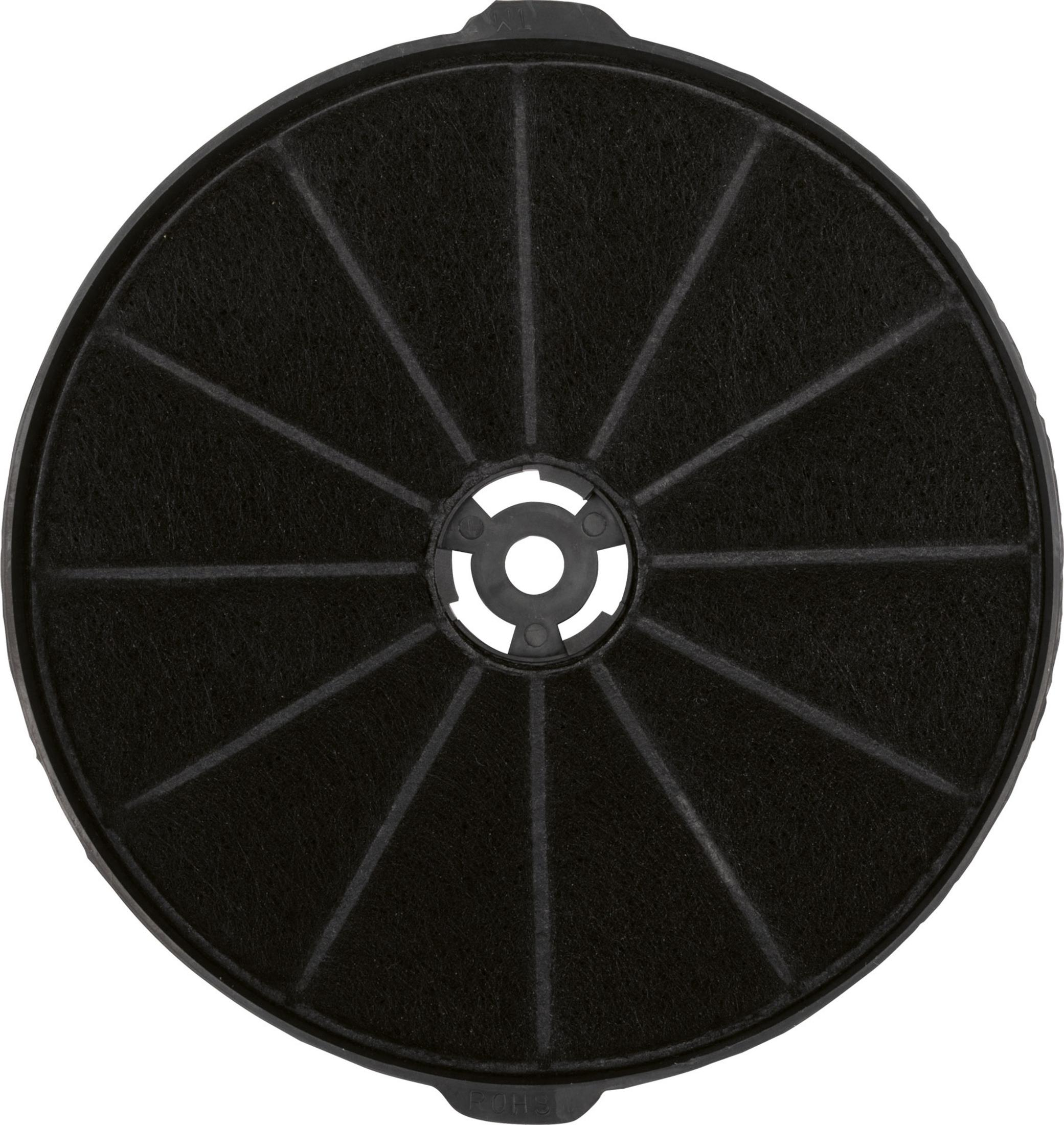 Czarny, okrągły filtr powietrza z wzorem kratki. Ma biały otwór pośrodku.