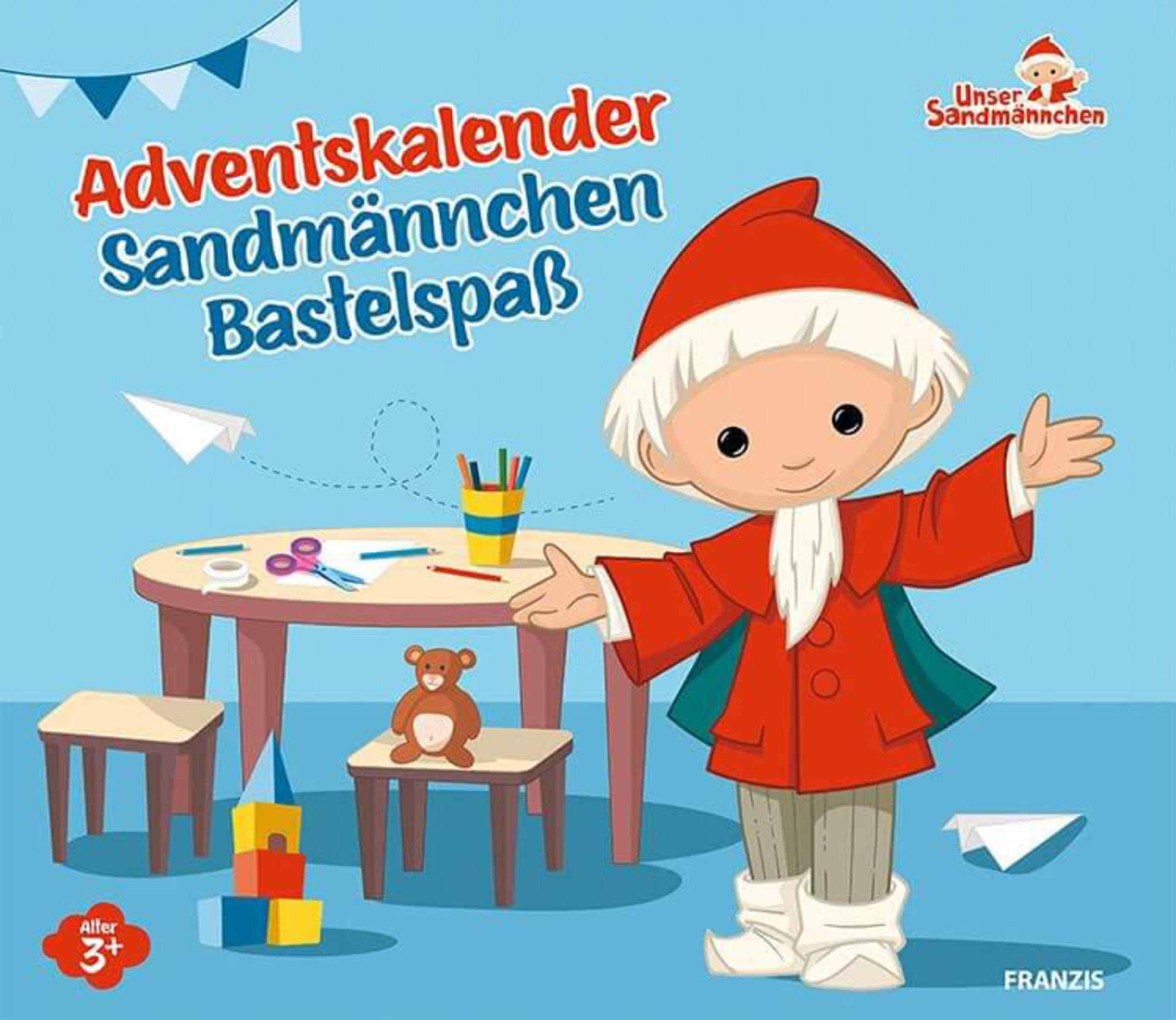 Ein Kinderbuchcover mit einem Cartoon-Elf und Titel. Der Titel lautet „Adventskalender Sandmännchen Bastelspaß“.