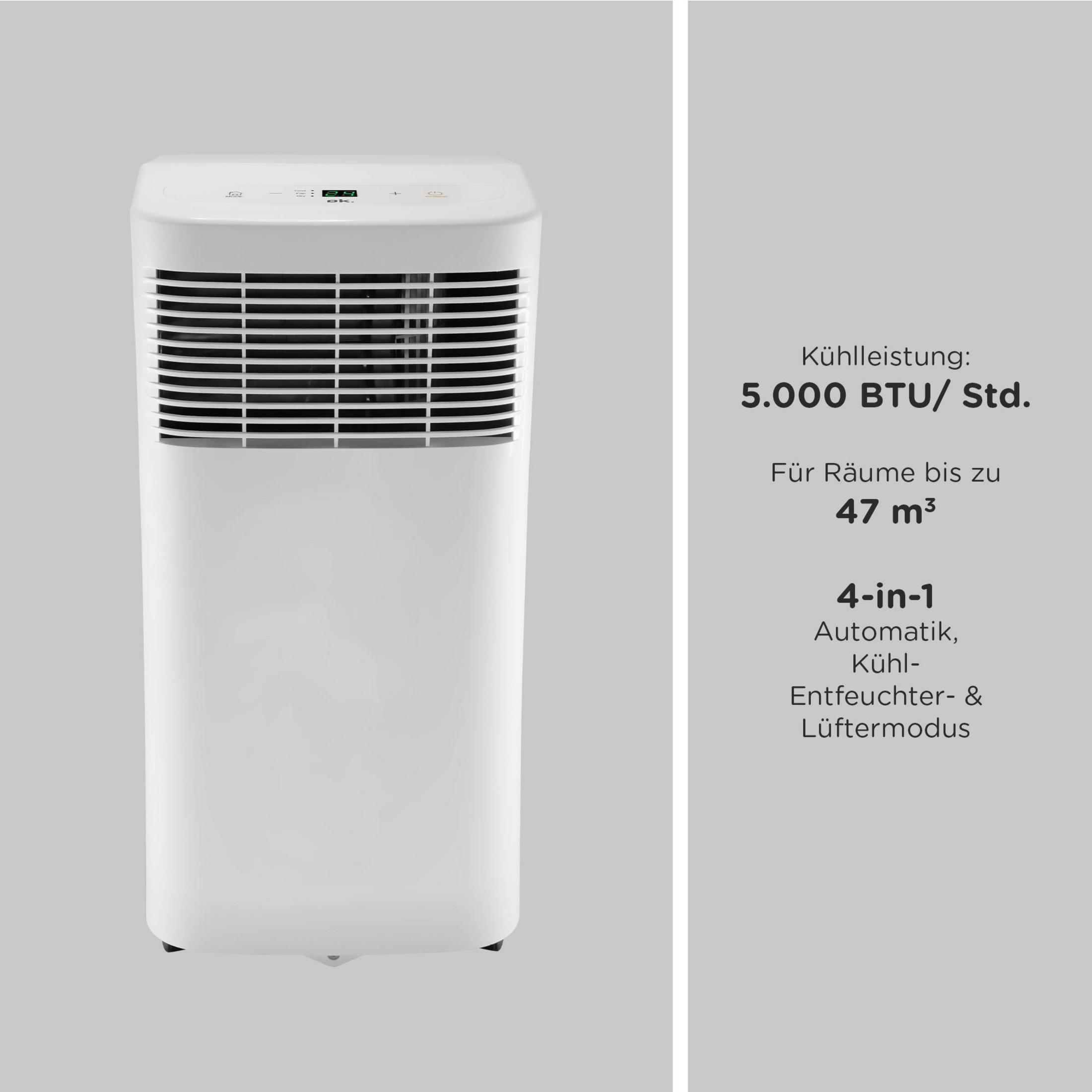 Weißer Luftkühler mit Text. 5.000 BTU/Std. Für Räume bis zu 47 m³. 4-in-1 Automatik-, Kühl-, Entfeuchtungs- und Lüftermodus.