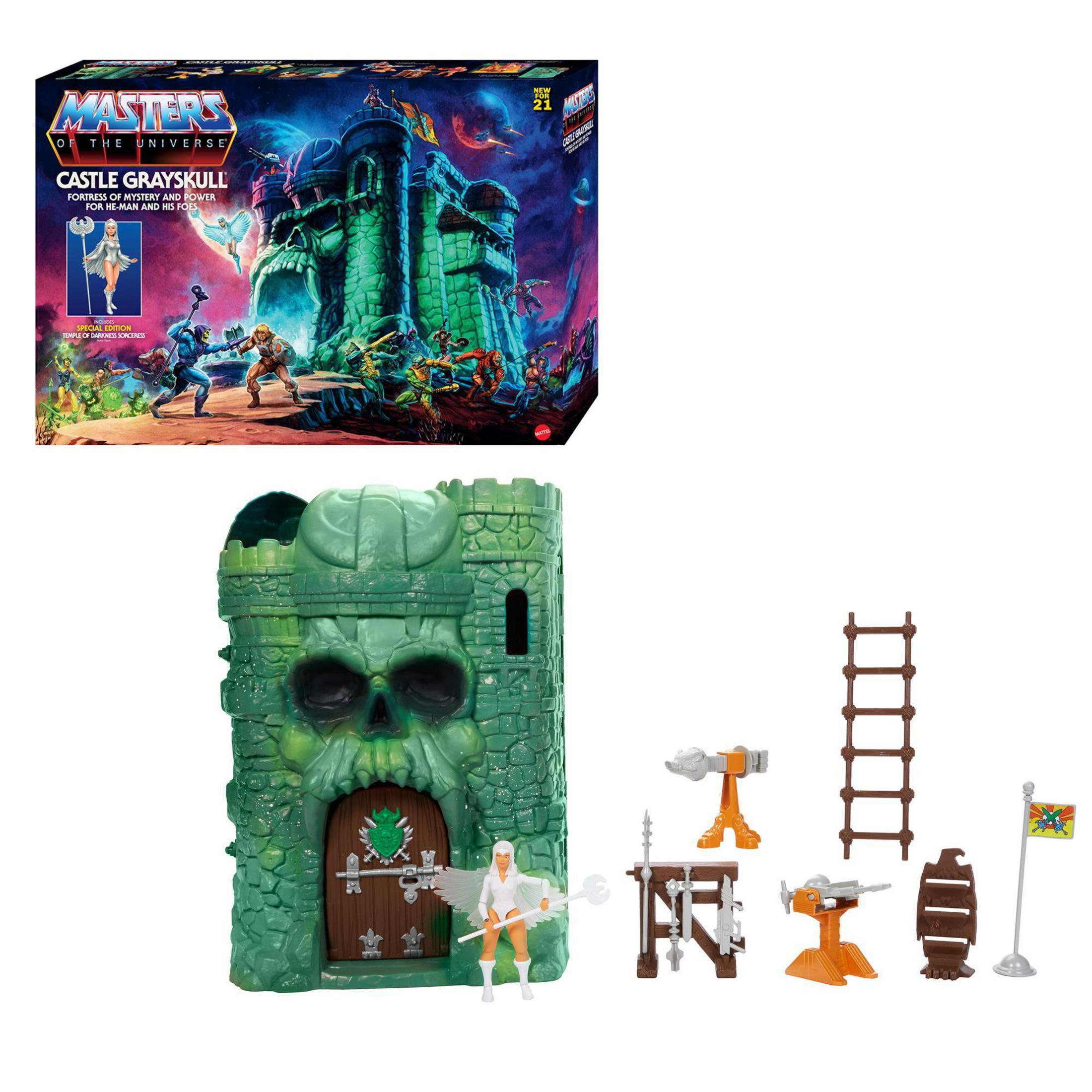 Castle Grayskull Spielzeugset mit Figuren und Zubehör auf weißem Hintergrund.