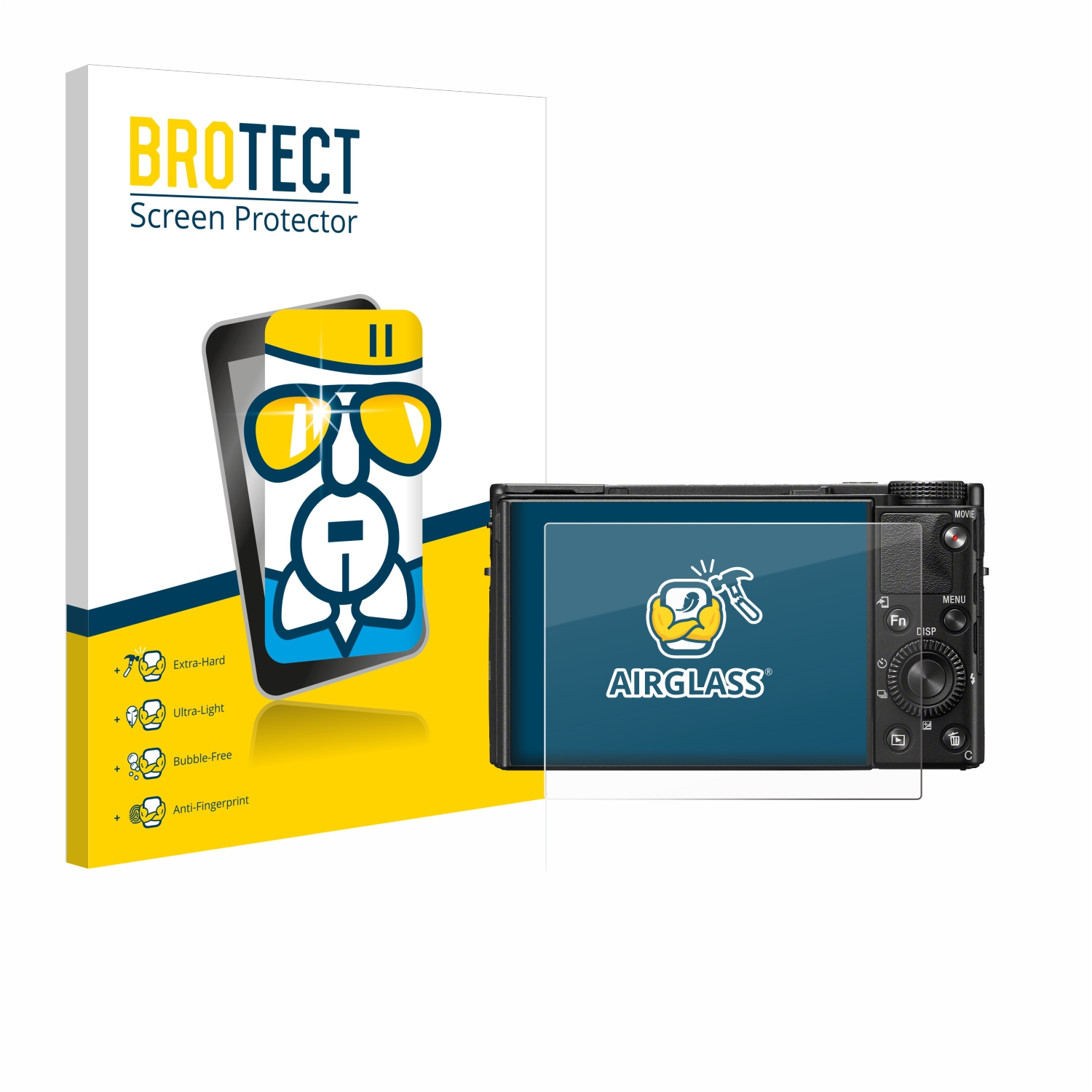 Displayschutzfolie und Kamera mit angebrachter Displayschutzfolie. Verpackung zeigt ein Telefon mit Schutz.