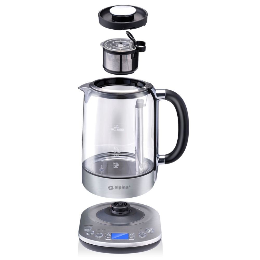 Glazen theeketel gedemonteerd, onderdelen tonend: infuser, deksel, basis en body.