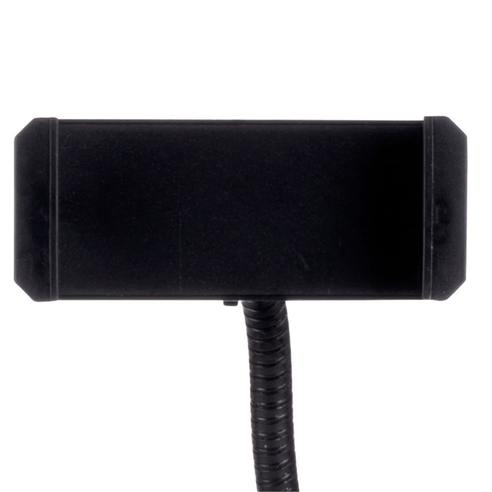 Support de téléphone noir avec un bras flexible. Support de téléphone rectangulaire. Fond blanc. Gros plan.