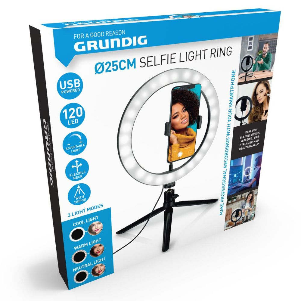 Une boîte d'anneau lumineux pour selfies avec un smartphone à l'intérieur et diverses fonctions.