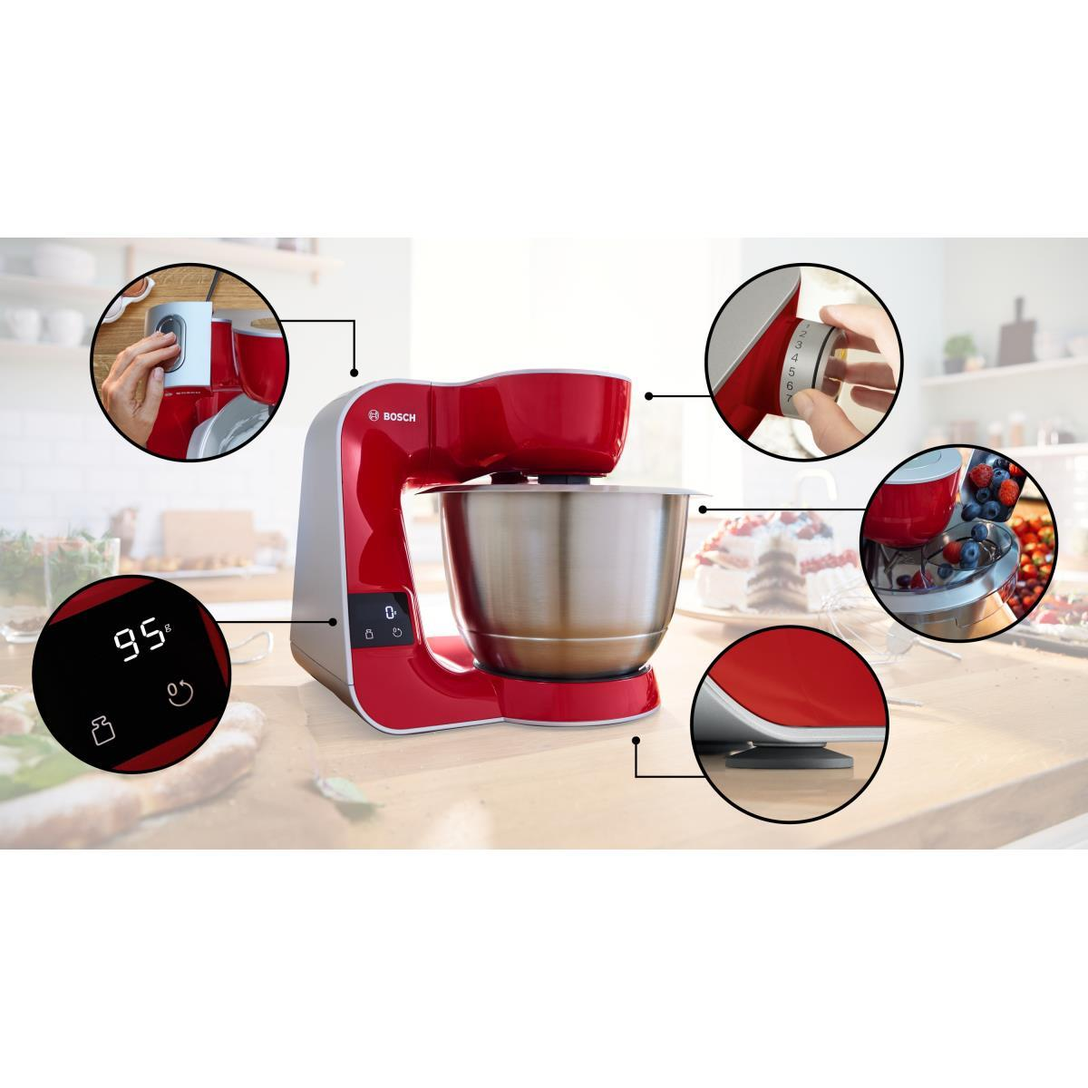 Roter und silberner Küchenmixer mit Bedienelementen und Nahaufnahmen.