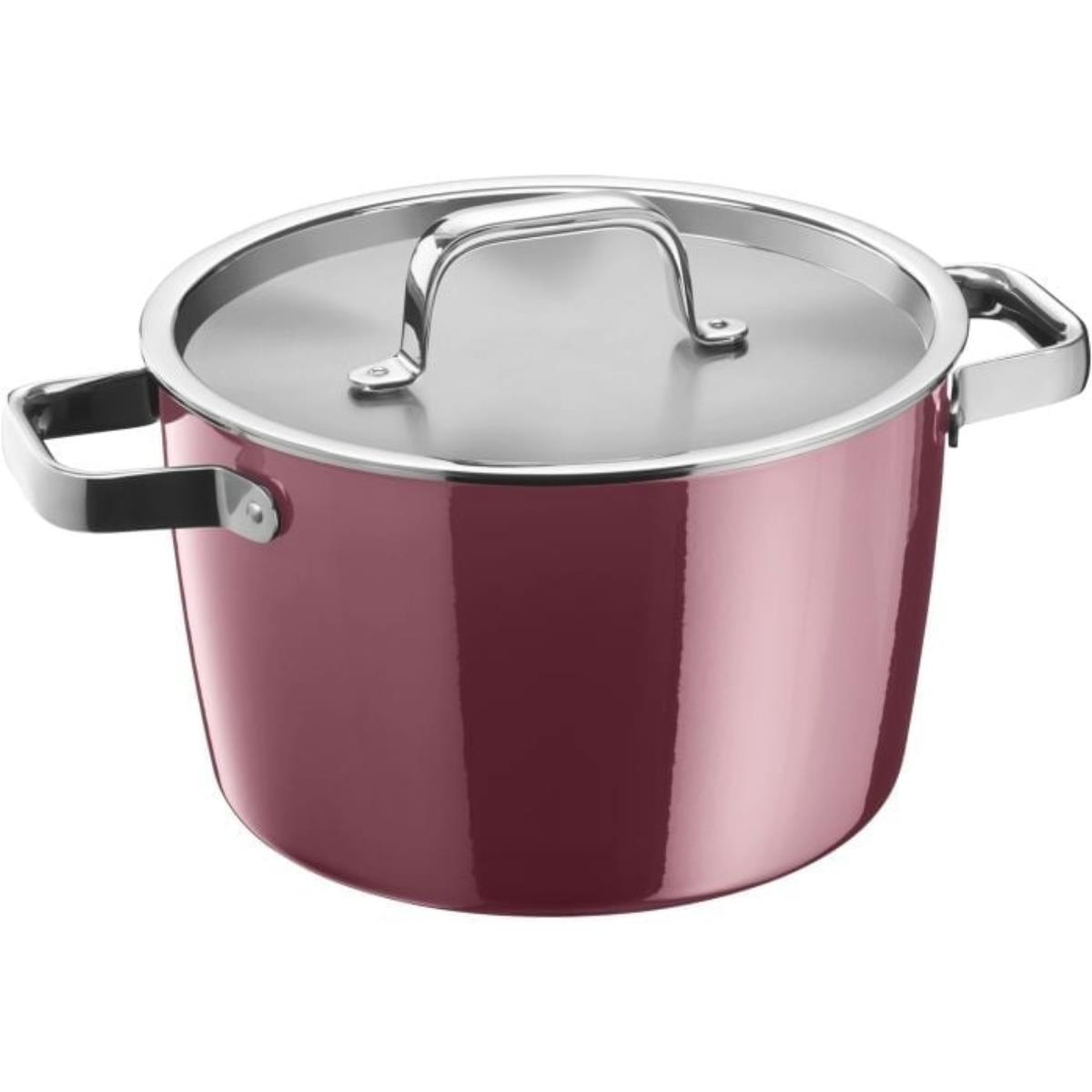 Ein roter Topf mit silbernem Deckel und Griffen.