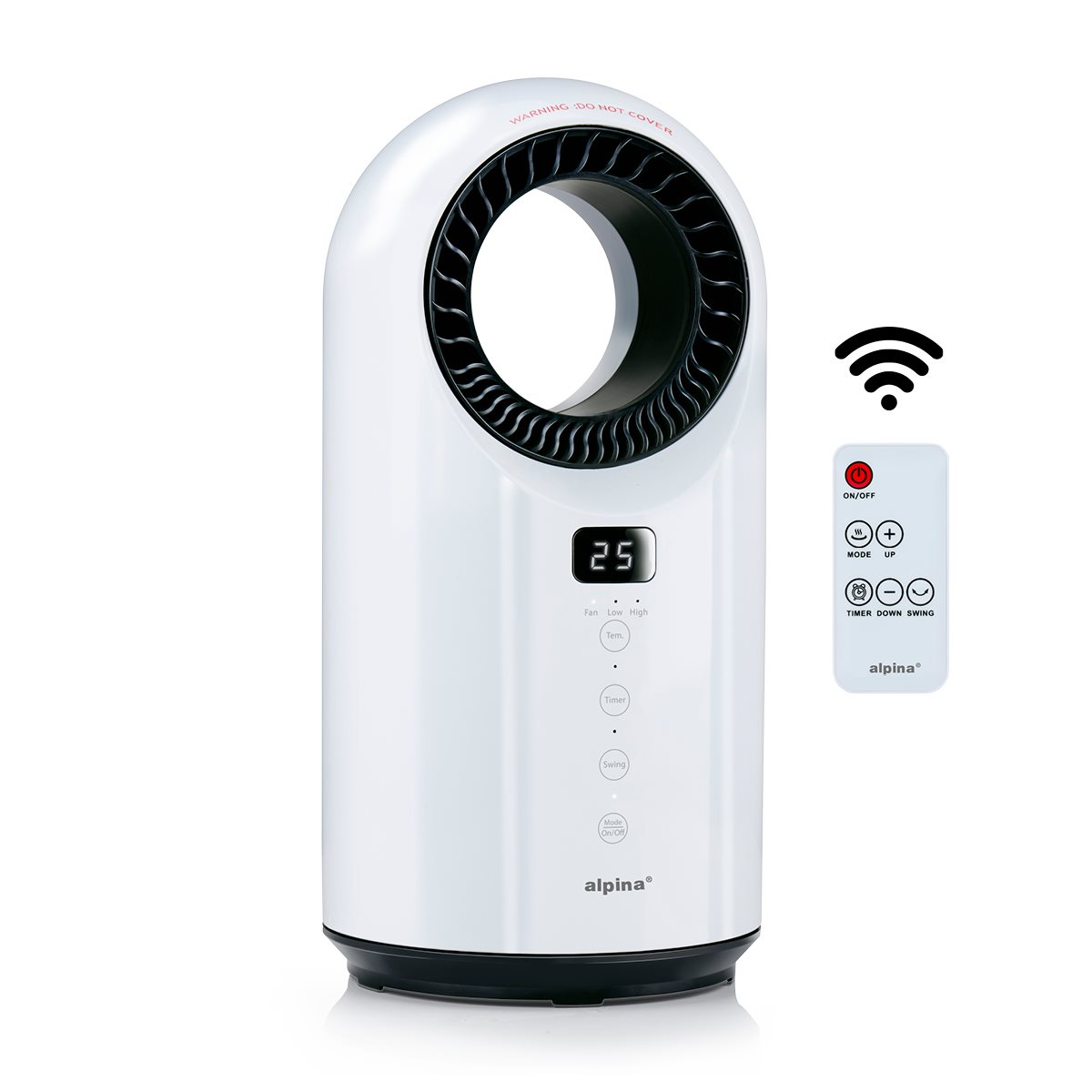 Witte ventilator. Digitaal display, knoppen en afstandsbediening. Tekst: alpina.