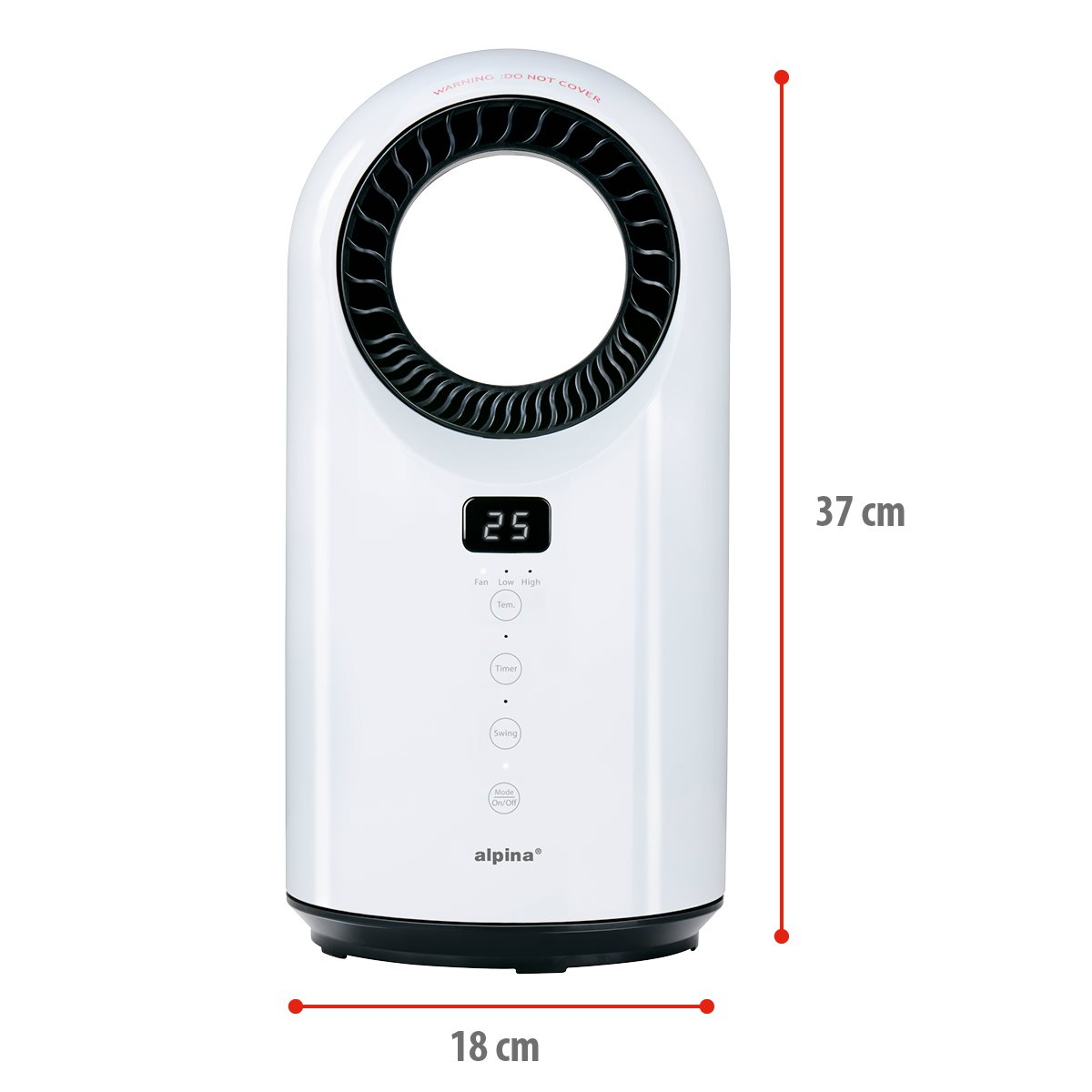 Witte elektrische ventilator. Hij is hoog en ovaal met een digitaal display. Afmetingen: 37 cm hoog en 18 cm breed.