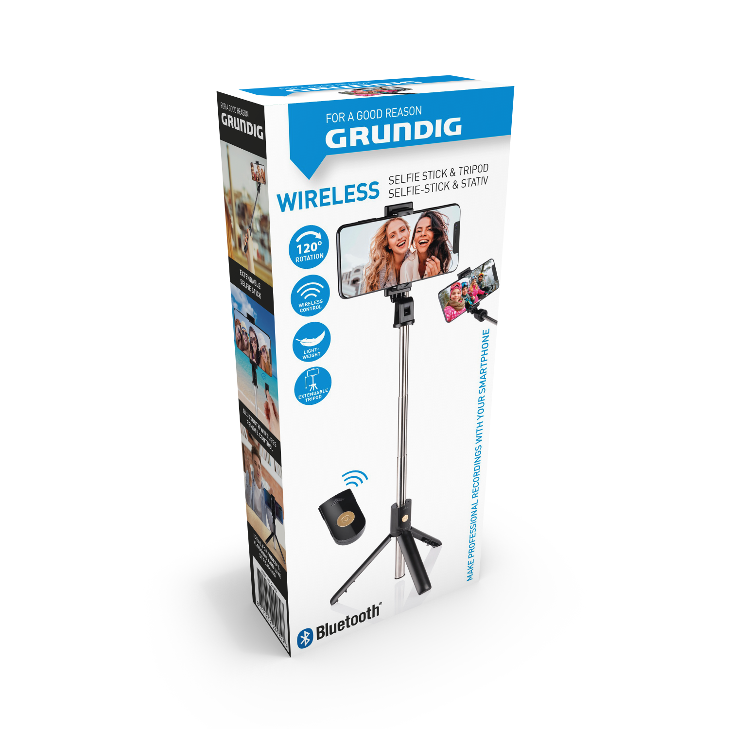 Selfie-Stick- und Stativbox, drahtlose Fernbedienung, Smartphone.