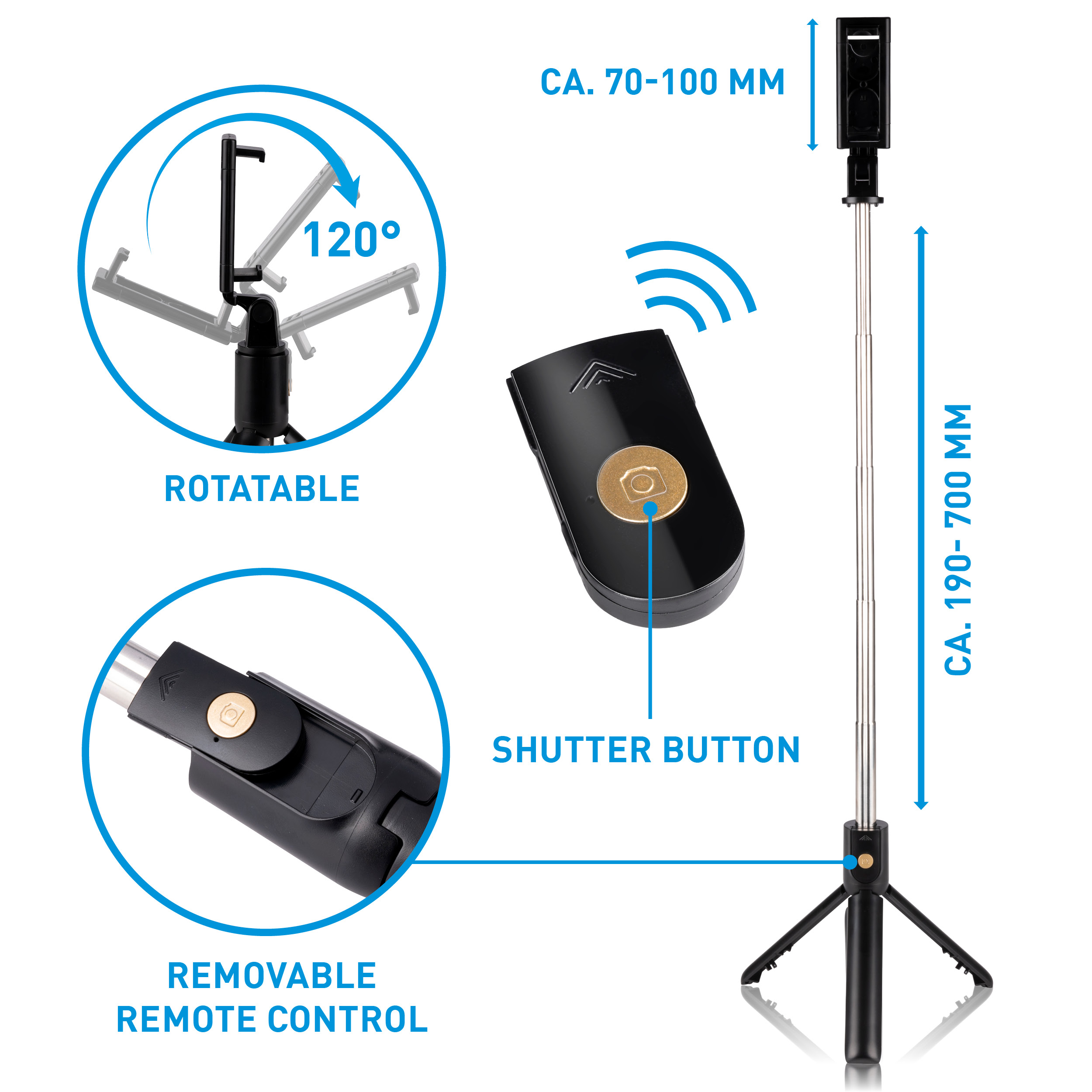 Ein Selfie-Stick mit Fernbedienung und Telefonhalter, mit Größenangaben.