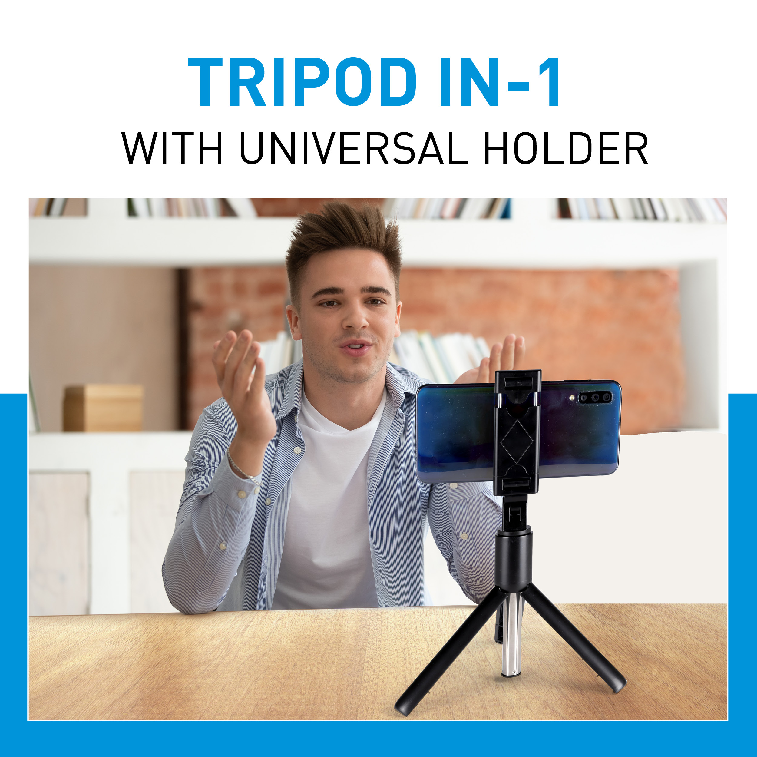 Ein Mann, der ein Telefon auf einem Stativ hält, mit einem Schild mit der Aufschrift "Stativ in-1 mit Universalhalter".