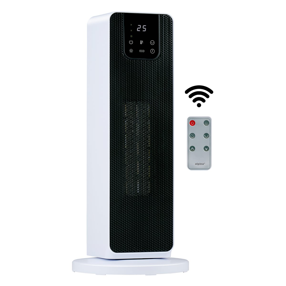 Witte en zwarte torenverwarming met digitale display en afstandsbediening. Witte basis. Witte achtergrond.