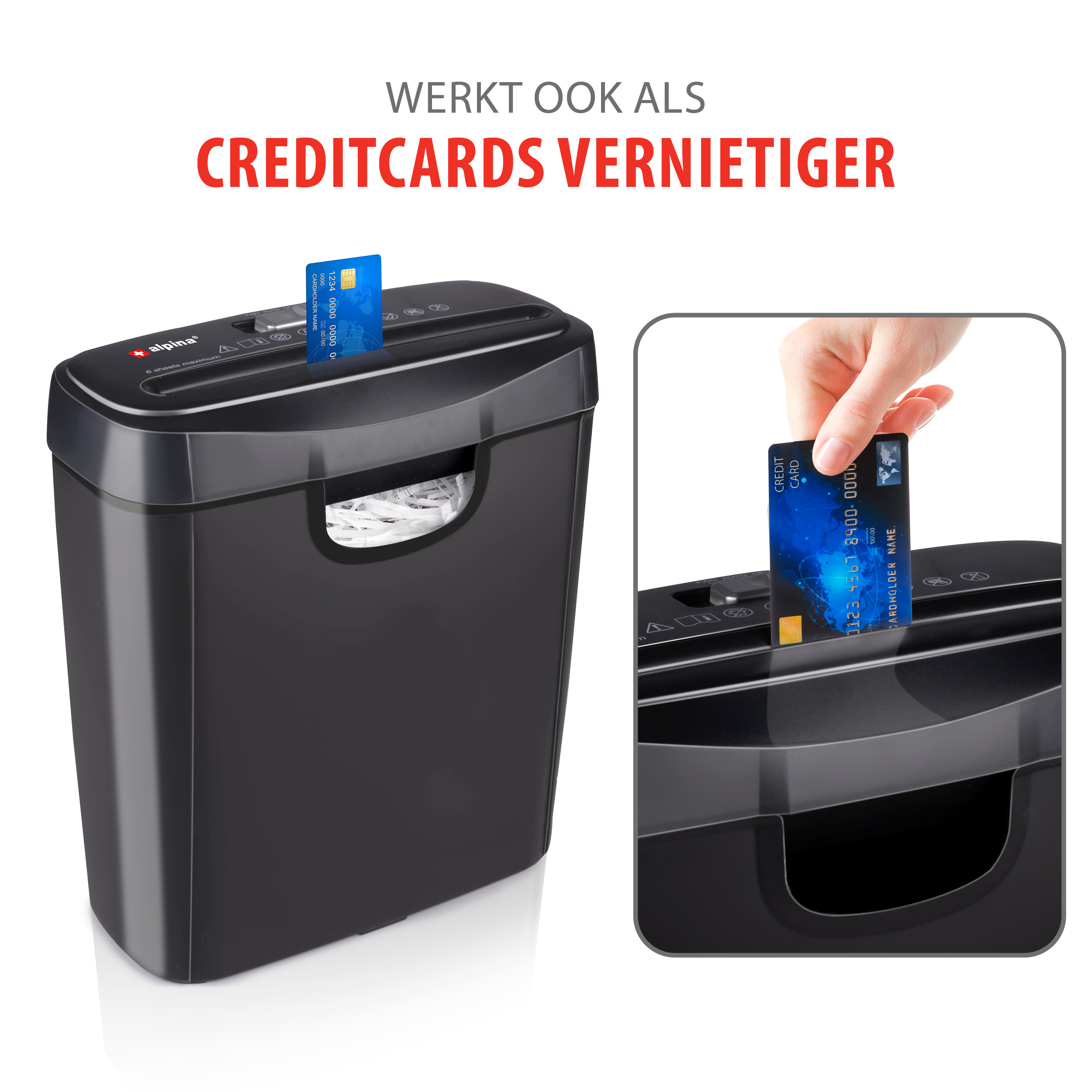 Une déchiqueteuse de papier noire avec une carte de crédit insérée. La machine déchiquette la carte.