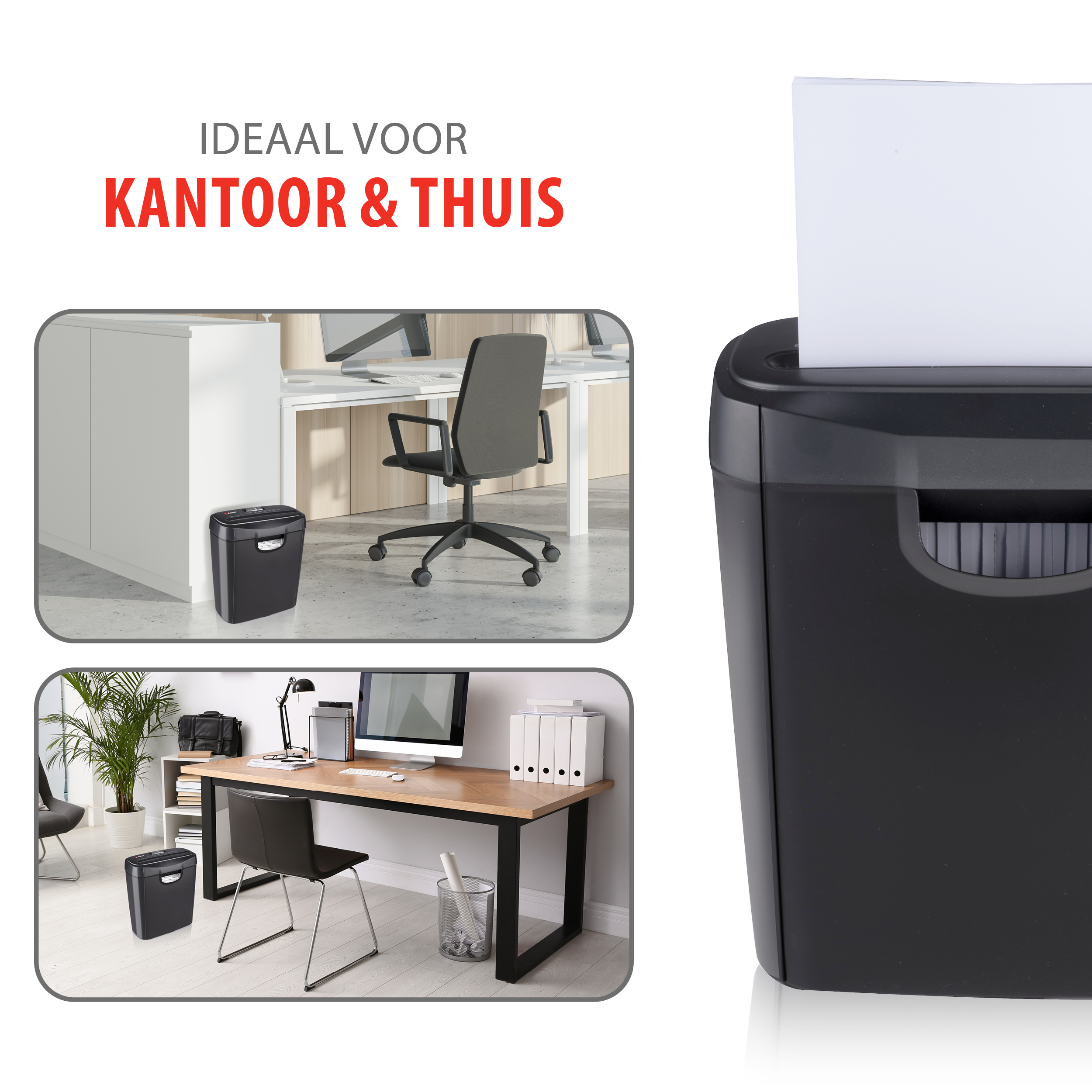 Une déchiqueteuse à papier à côté d'images d'un bureau et d'un bureau, avec texte 'Bureau & Maison'.