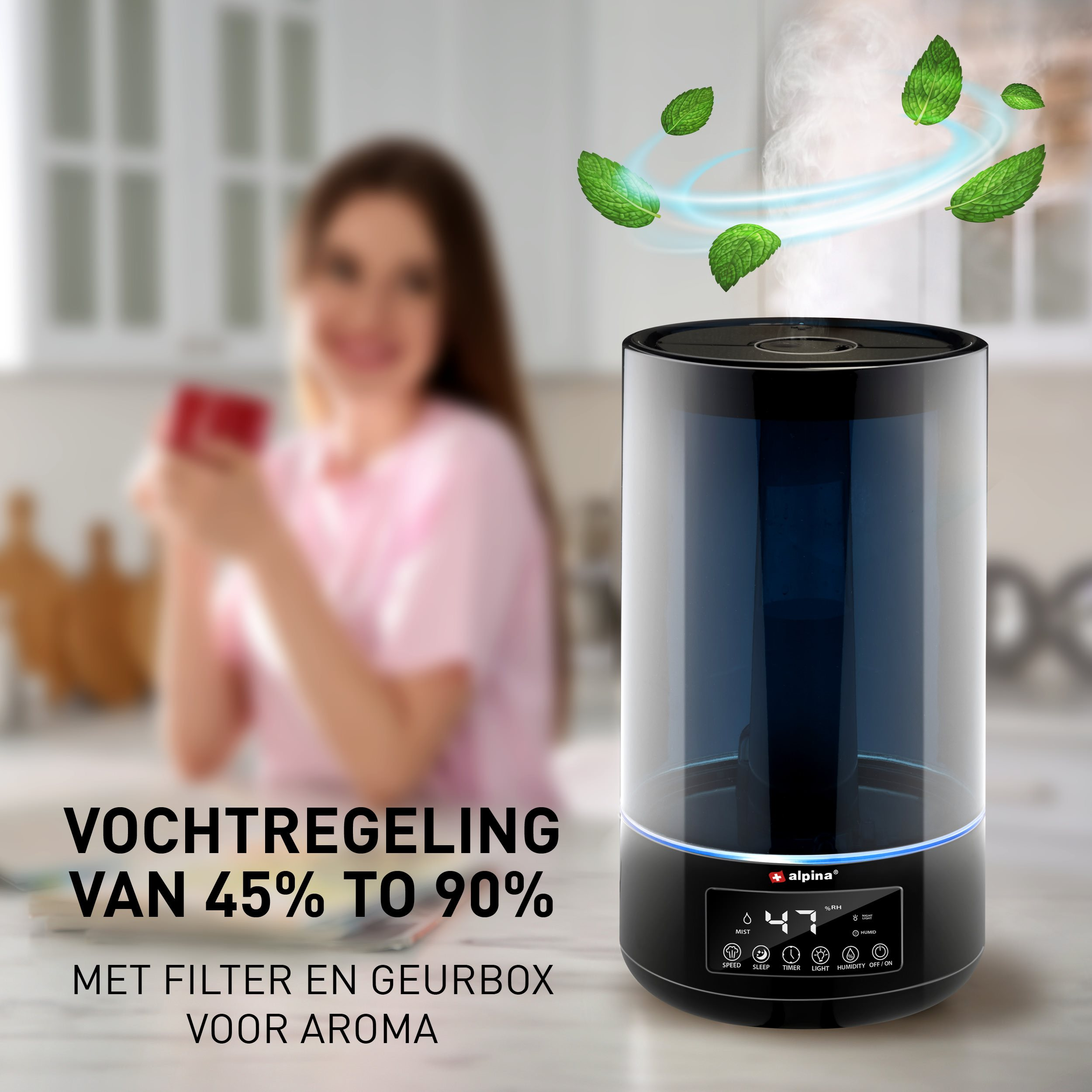 Schwarzer und klarer Luftbefeuchter mit einer Frau im Hintergrund, die eine rote Karte hält. Text: 45% bis 90%.