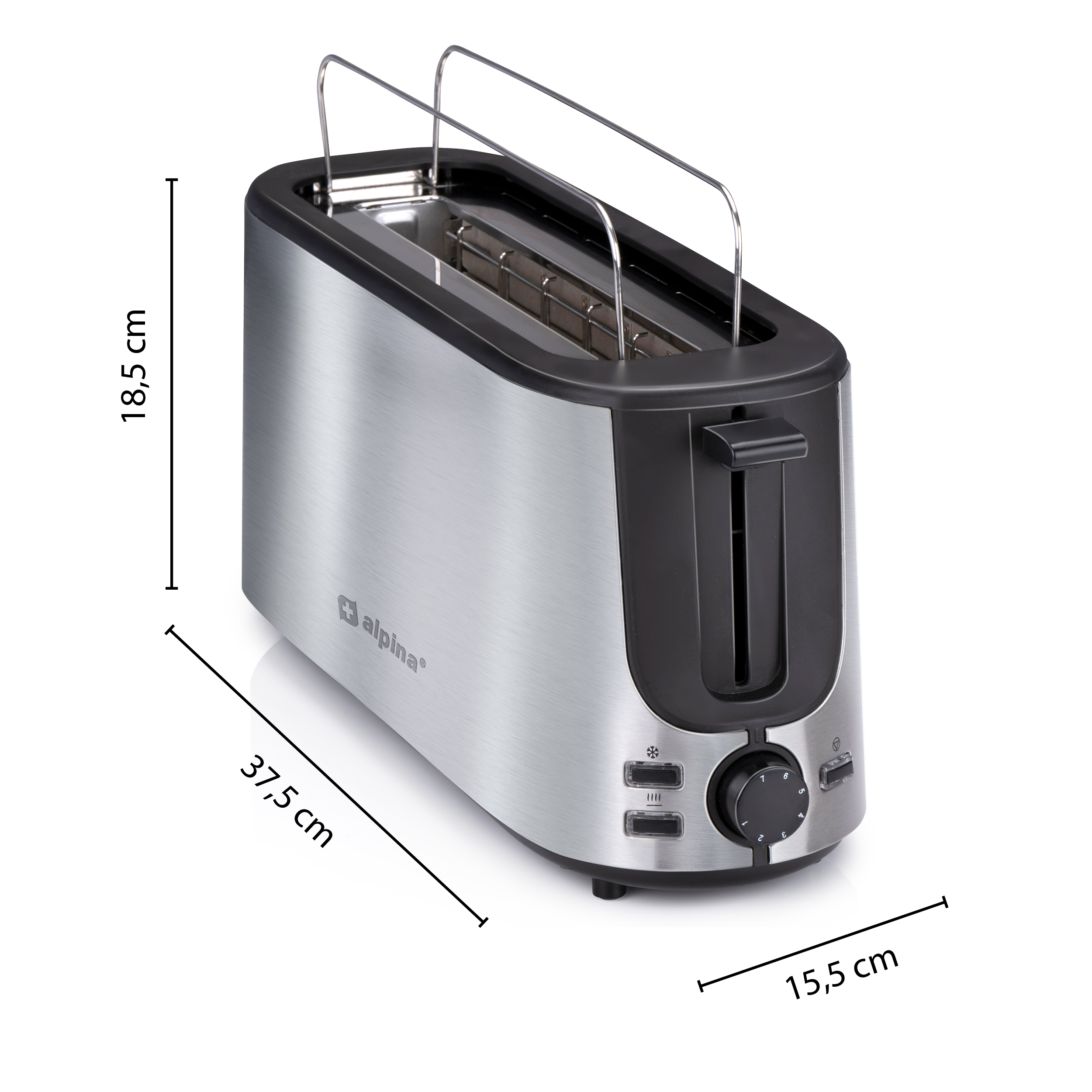 Silver and black toaster with dimensions. Black buttons and dial on the front. White background.