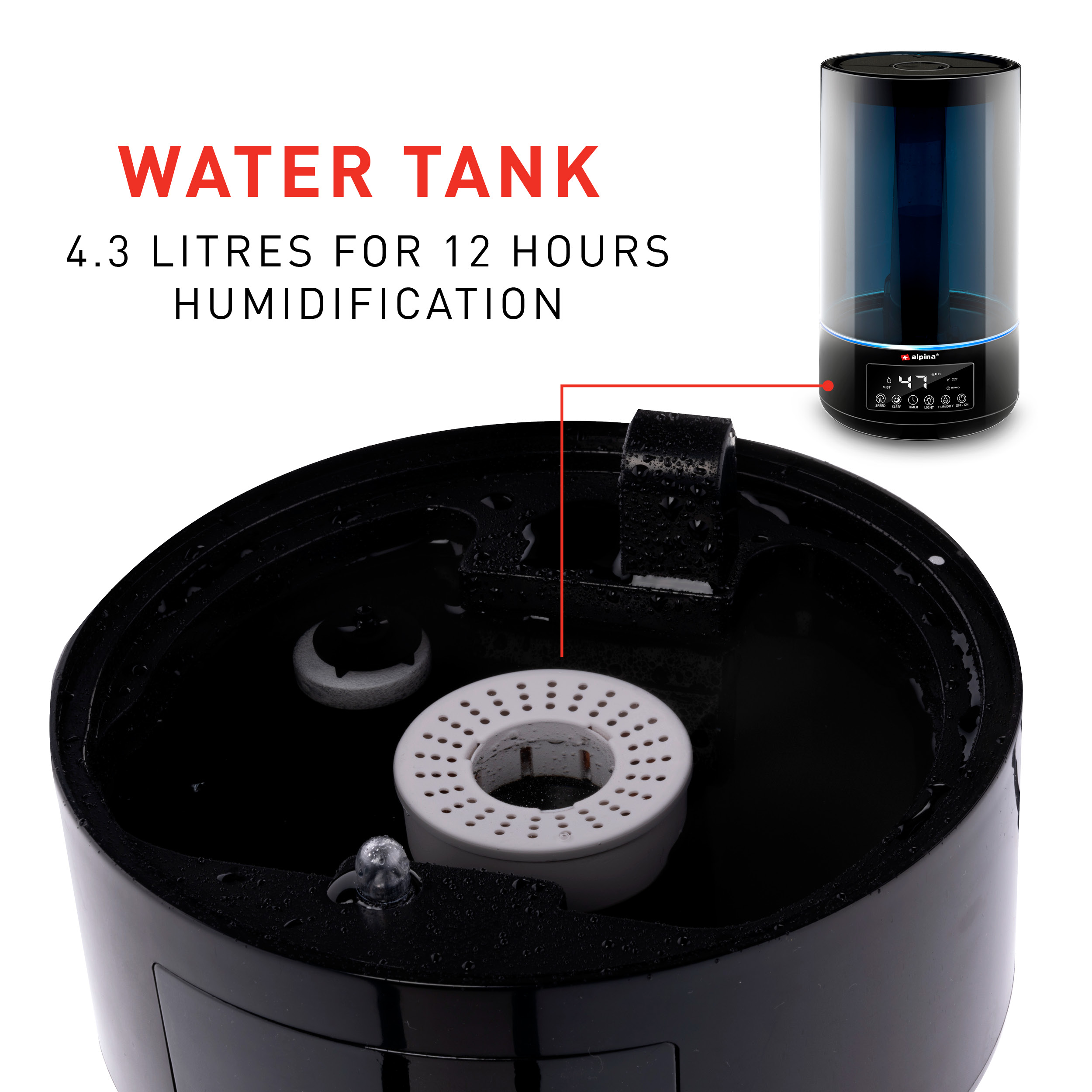 Schwarzer Luftbefeuchter mit Text und Nahaufnahme des Wassertankinneren.