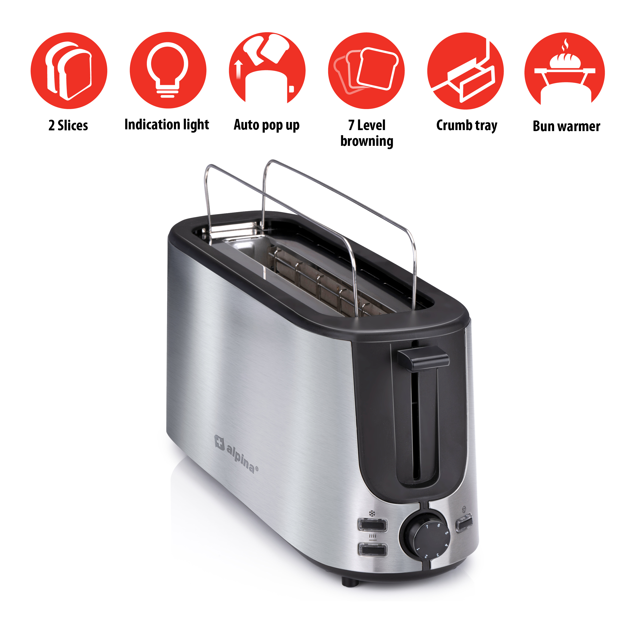 A silver toaster with black accents. It has two slots and icons indicating features like browning levels.