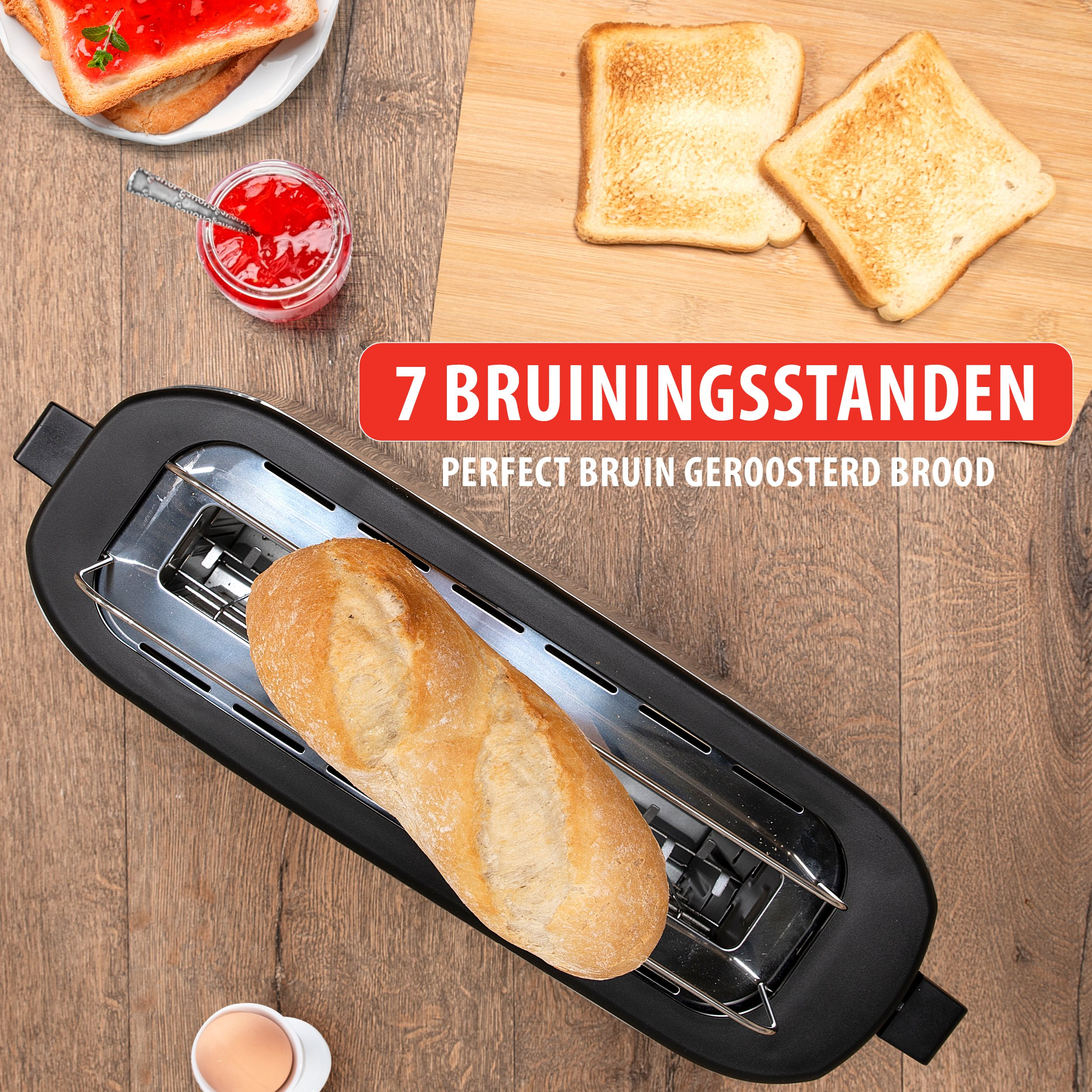 Toaster with bread inside. Two slices of toast and jam on the table. A red sign.