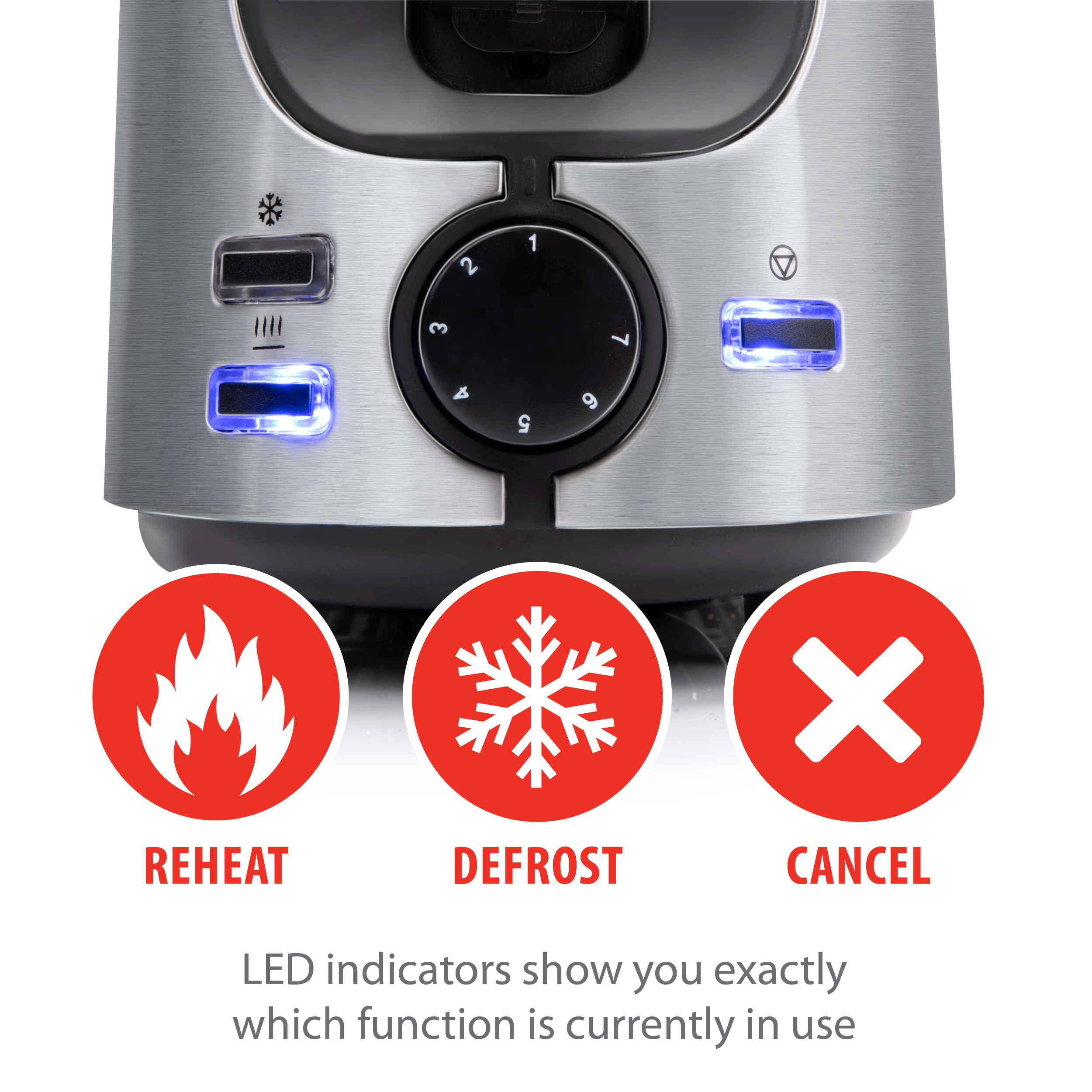 A toaster with buttons for reheat, defrost, and cancel. The buttons are on a silver toaster.