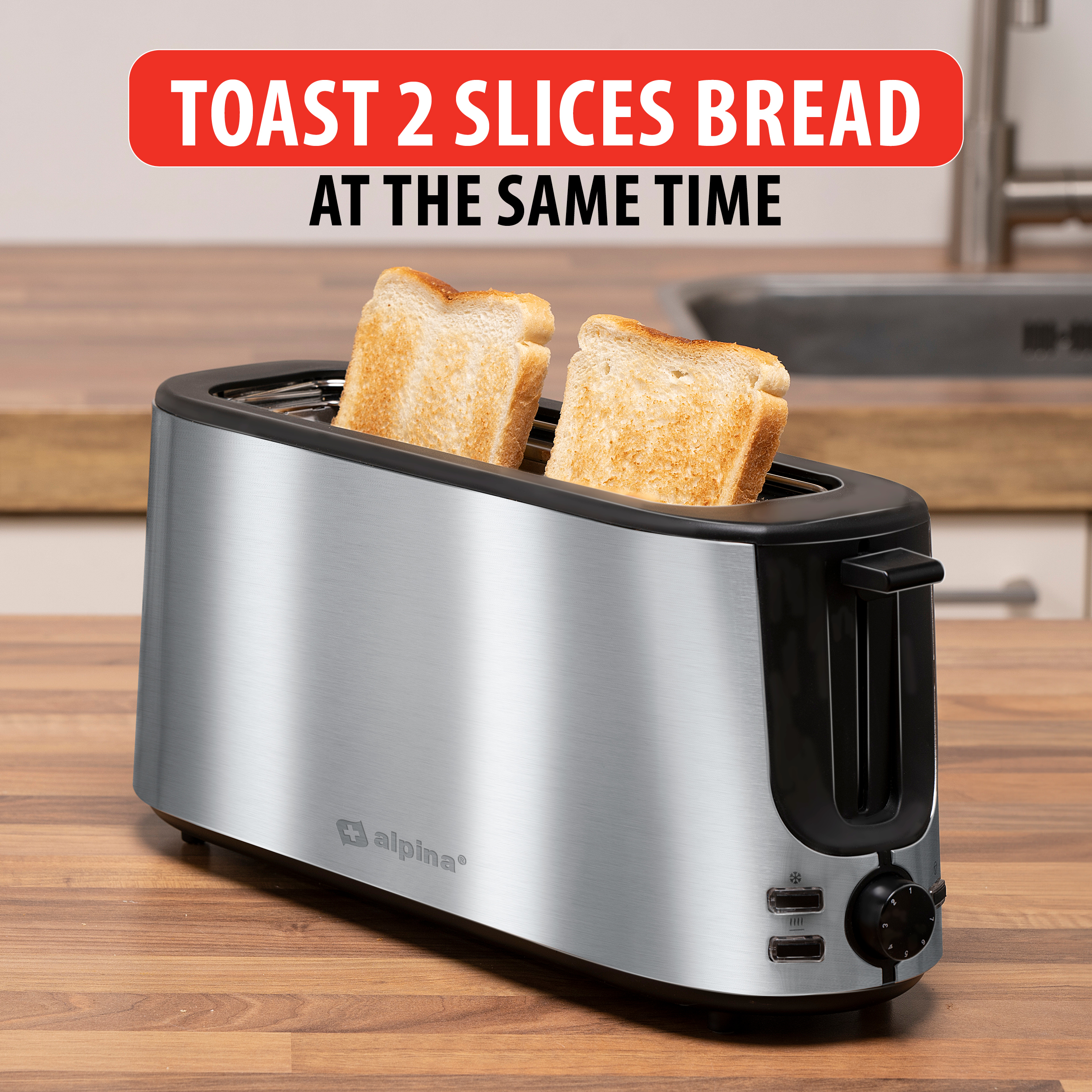 A stainless steel toaster with two slices of toasted bread inside. The text above says 'Toast 2 slices'.