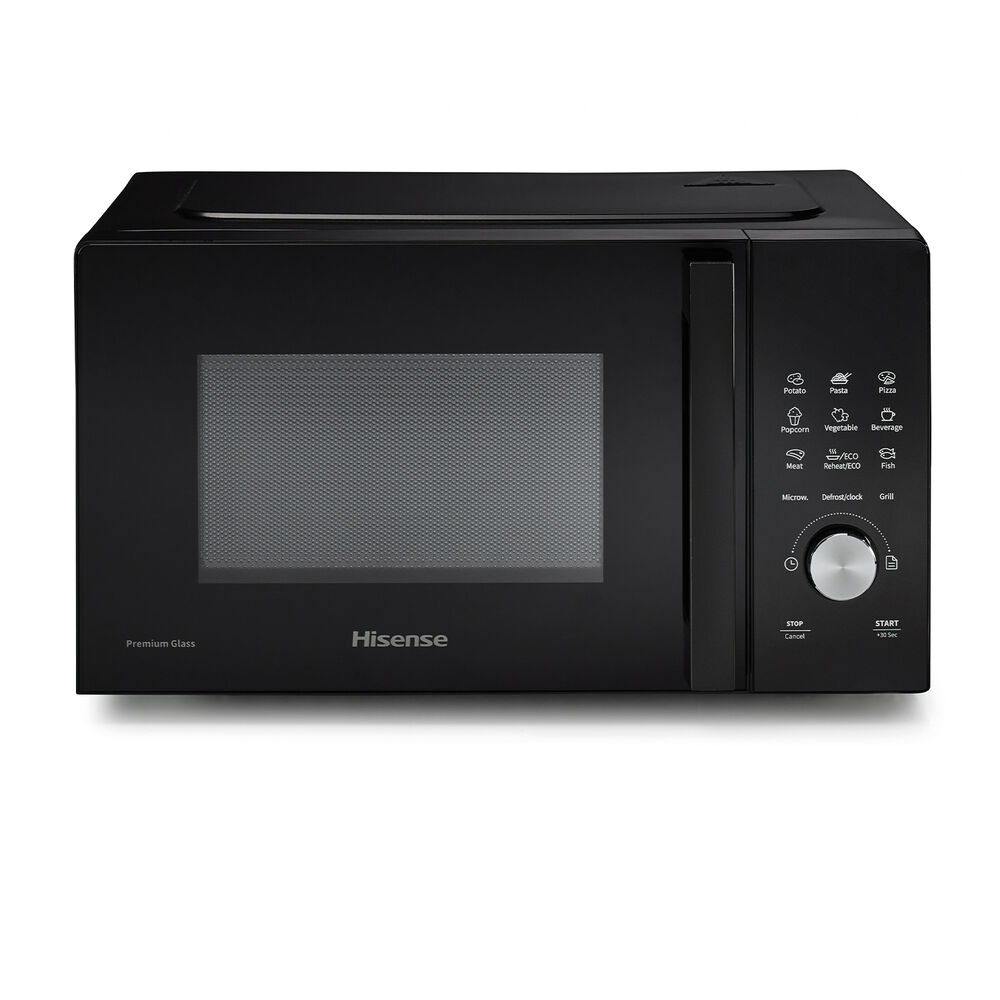 Czarna kuchenka mikrofalowa ze szklanymi drzwiami, panelem sterowania i wyświetlaczem.