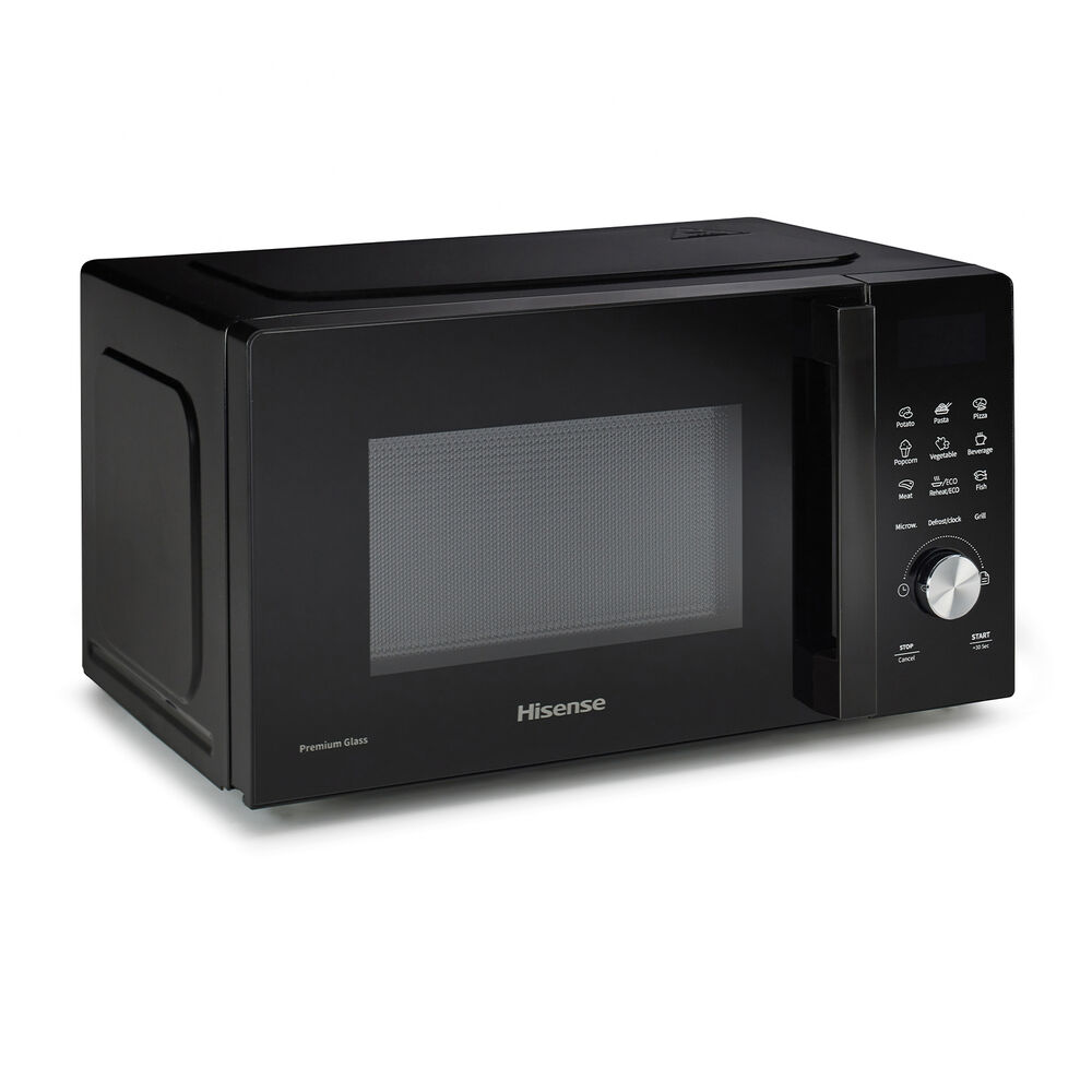 Czarna kuchenka mikrofalowa. Ma wyświetlacz cyfrowy i panel sterowania z przyciskami i pokrętłem.