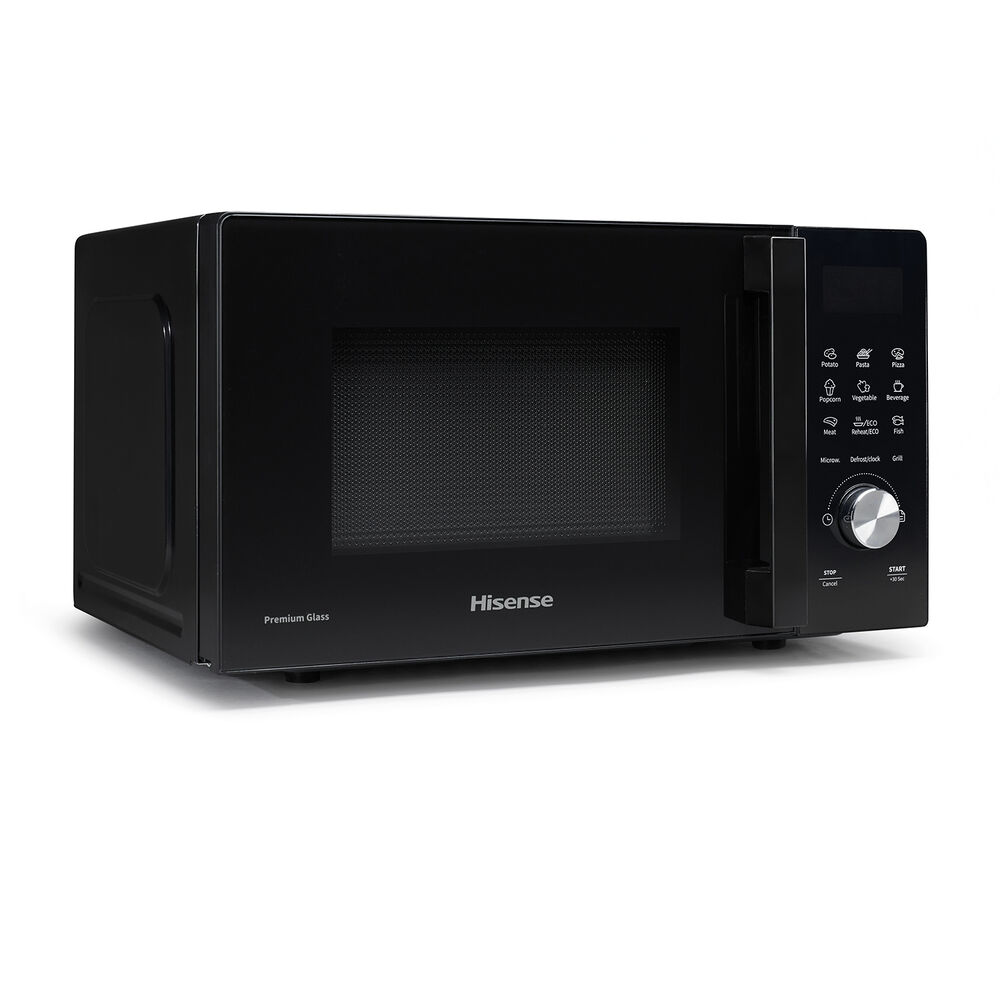 Czarna kuchenka mikrofalowa z szklanymi drzwiami, panelem sterowania i wyświetlaczem cyfrowym na białym tle.