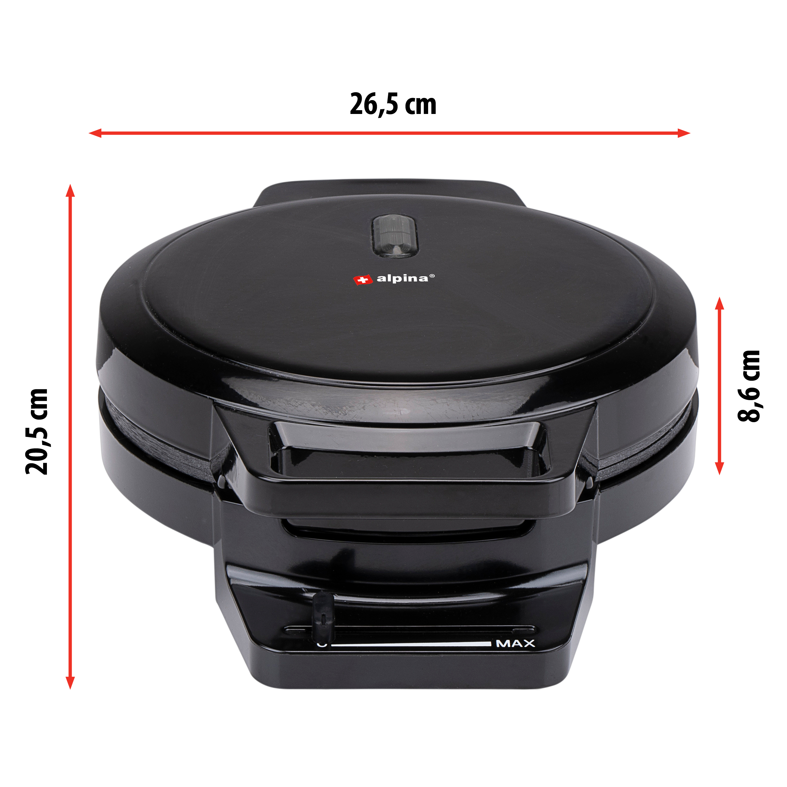 Black waffle maker with measurements in cm on a white backdrop.