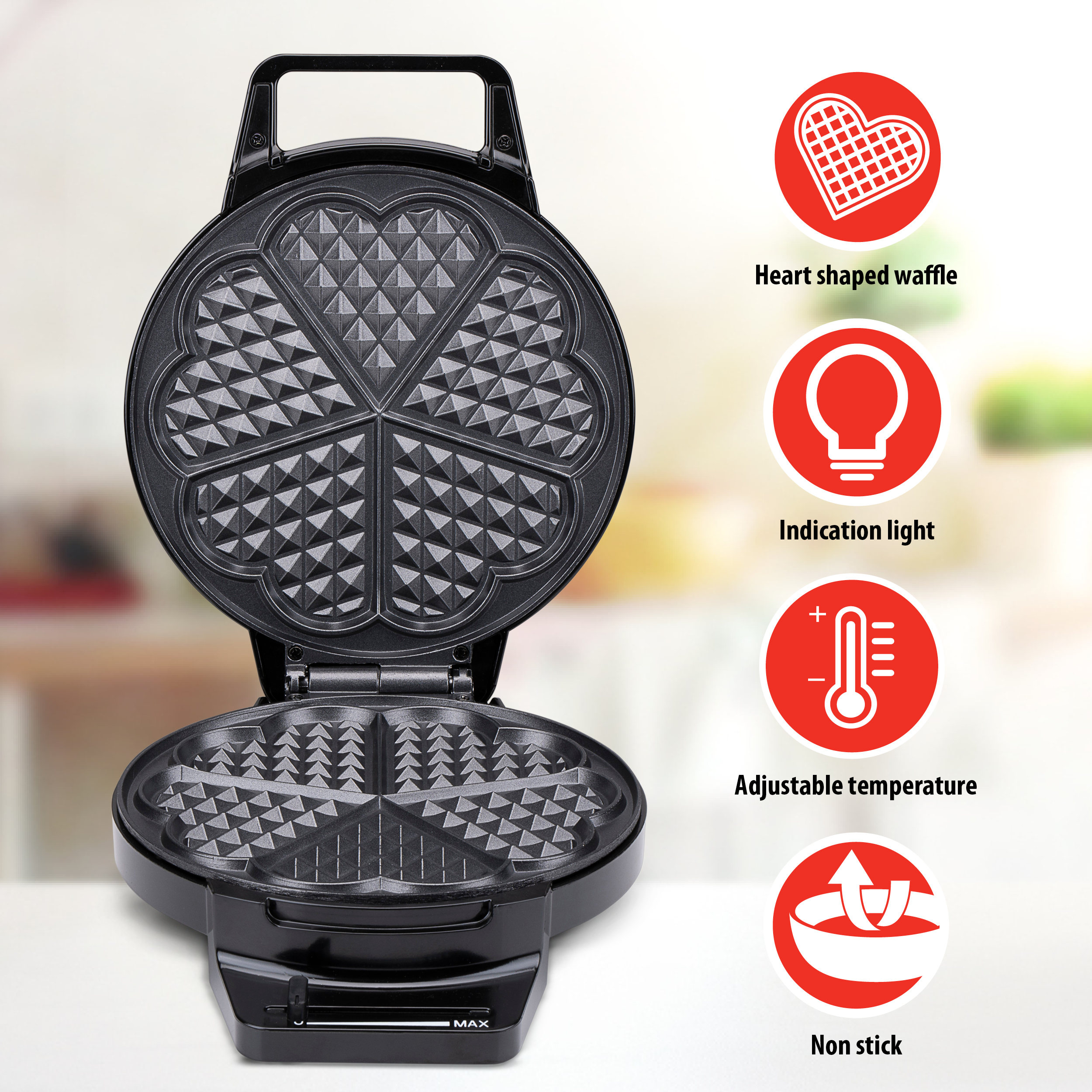 Black waffle maker, opened, with heart-shaped waffle molds and info icons.