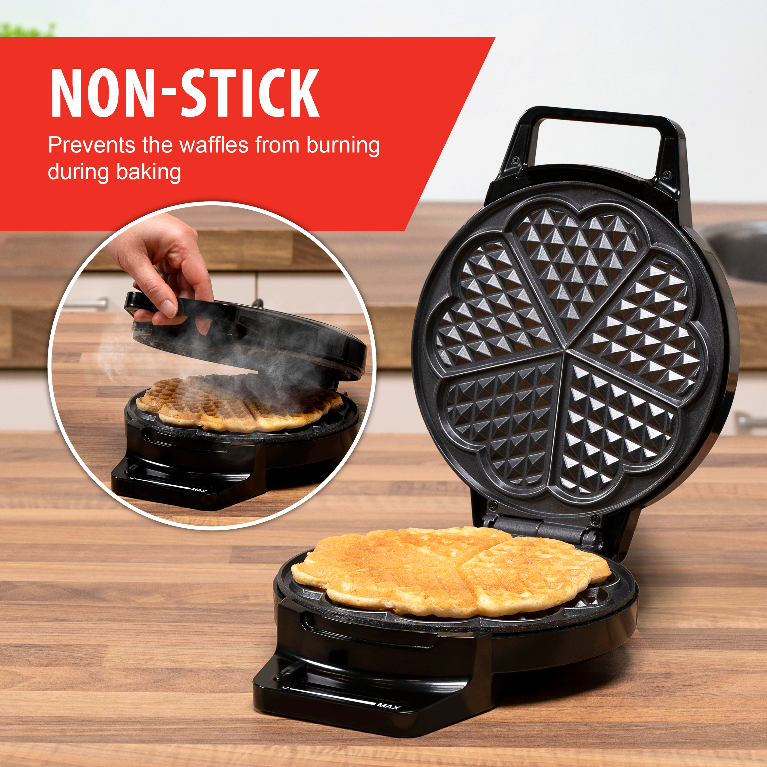 A black waffle maker with waffles inside, and a hand opening the lid. Non-stick text above.