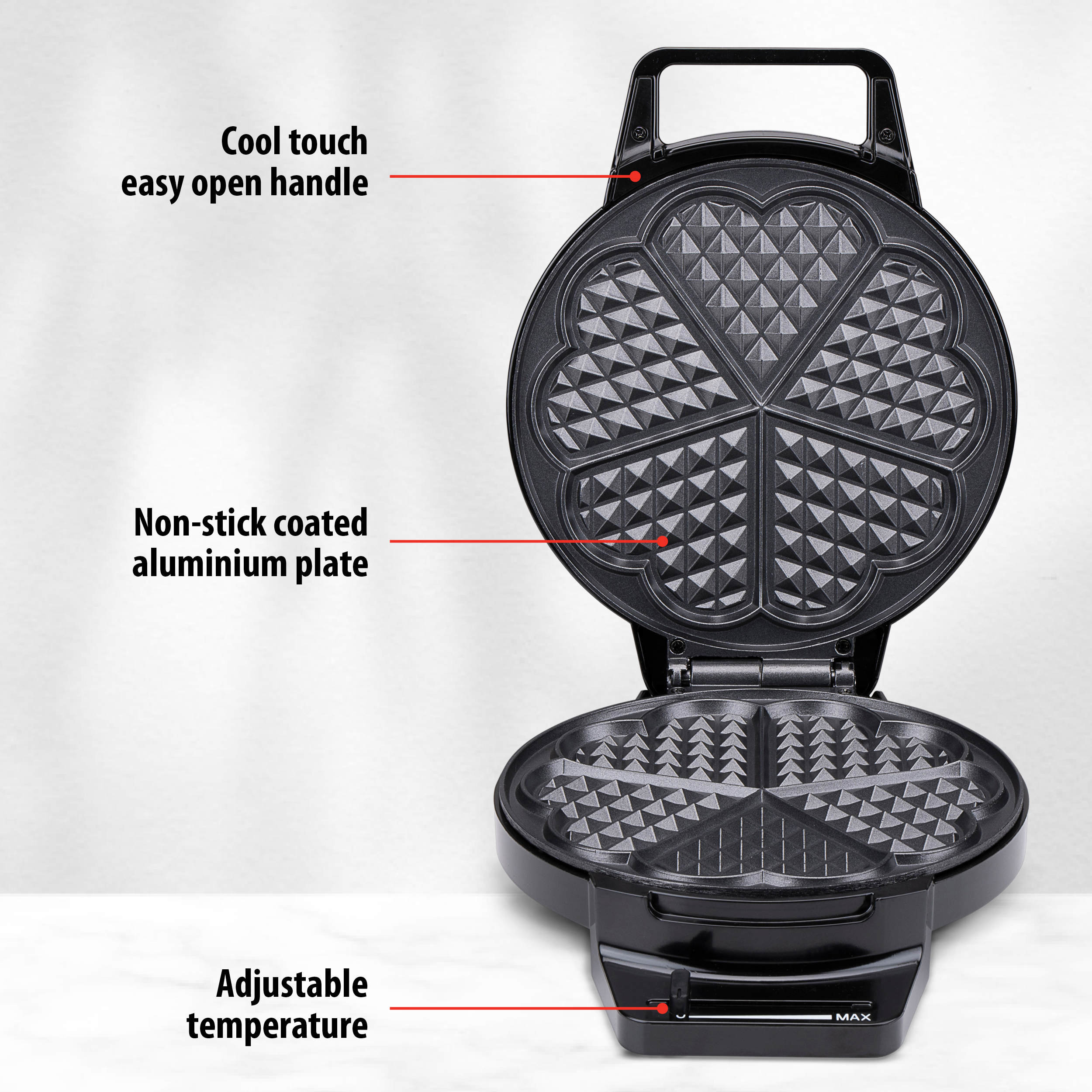 Black waffle maker with heart-shaped sections, labeled features: easy handle, non-stick plate, adjustable temp.