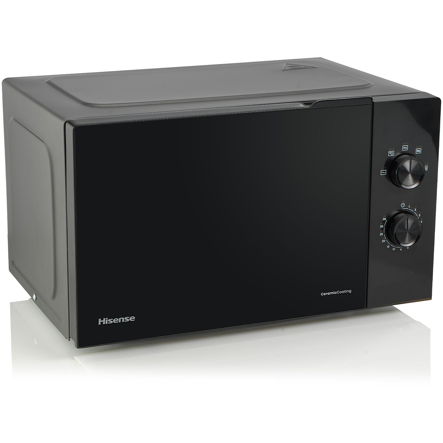 Een zwarte Hisense magnetron op een wit oppervlak. Twee knoppen en een digitale display. Witte achtergrond.