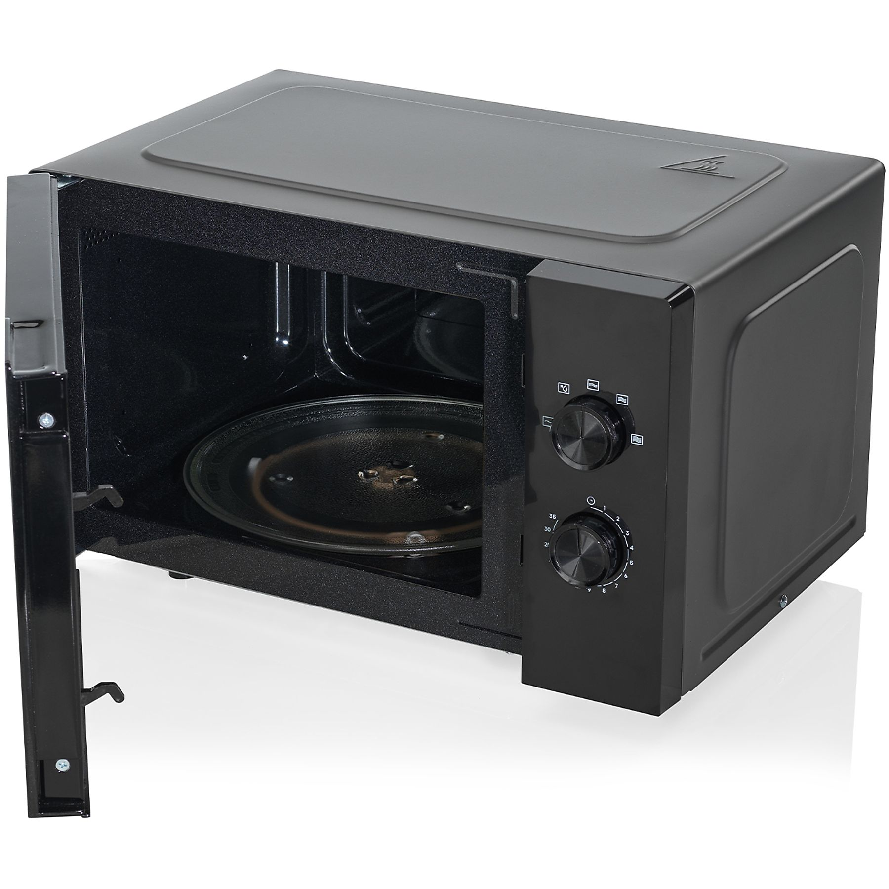 Zwarte magnetron met open deur, glazen plaat zichtbaar. Knoppen rechts.