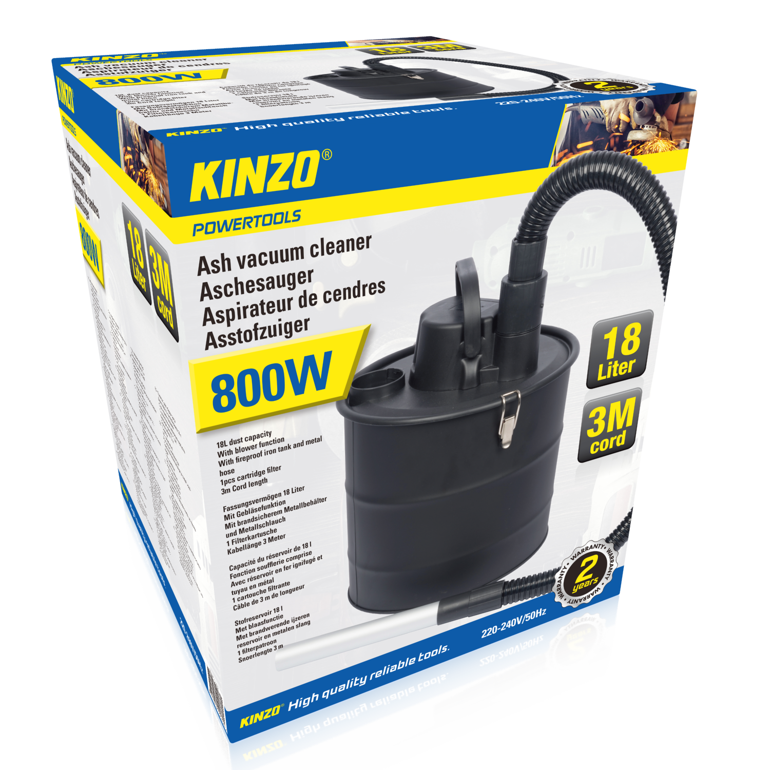 Aspirateur à cendres noir dans une boîte. Il a un tuyau et une poignée noirs. La boîte est jaune et bleue.