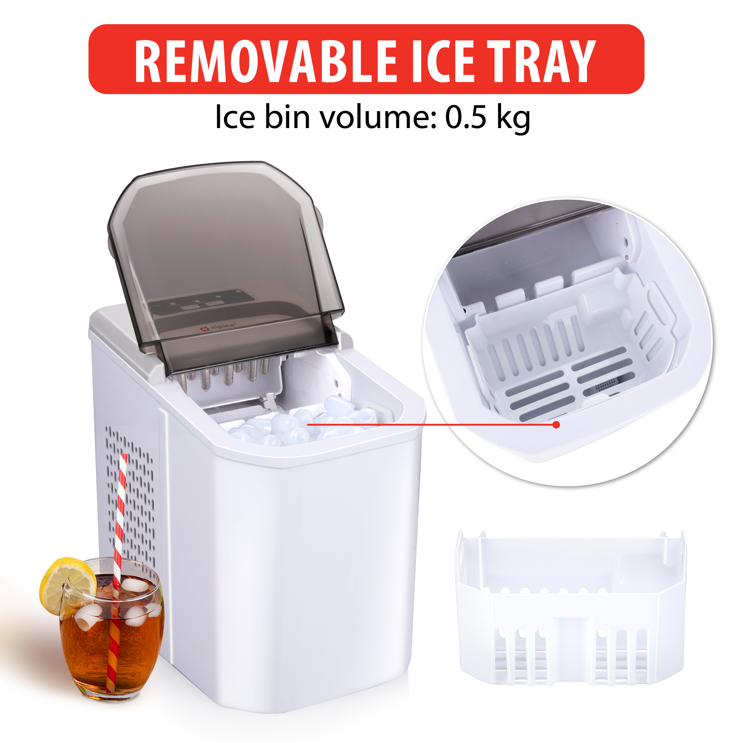 Weißer Eisbereiter mit einem Glas Eistee und einem Eisbehälter. Die Eisschale wird separat gezeigt.