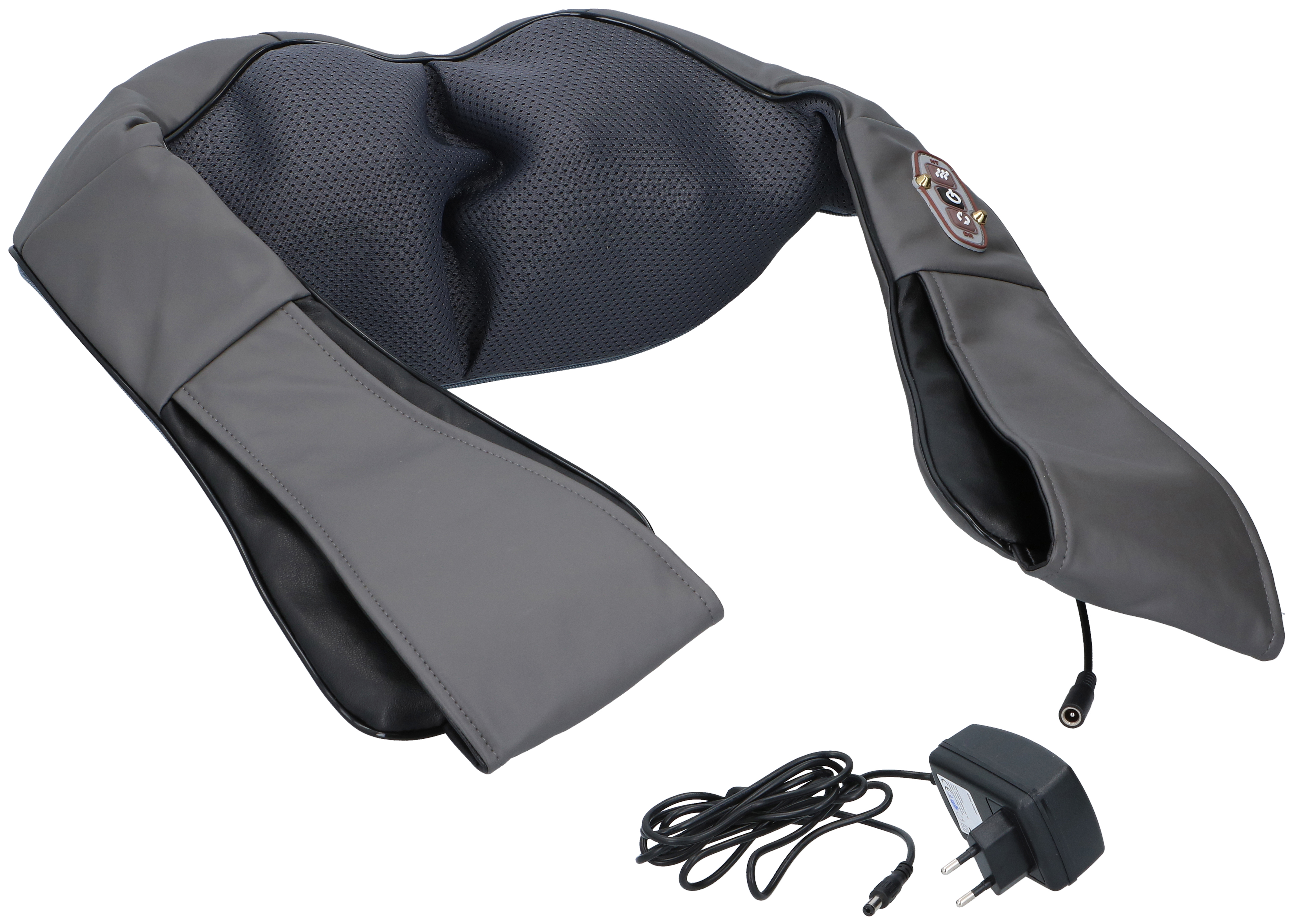 Gray neck massager.  Black power cord and adapter are connected. Buttons on the device. White background.