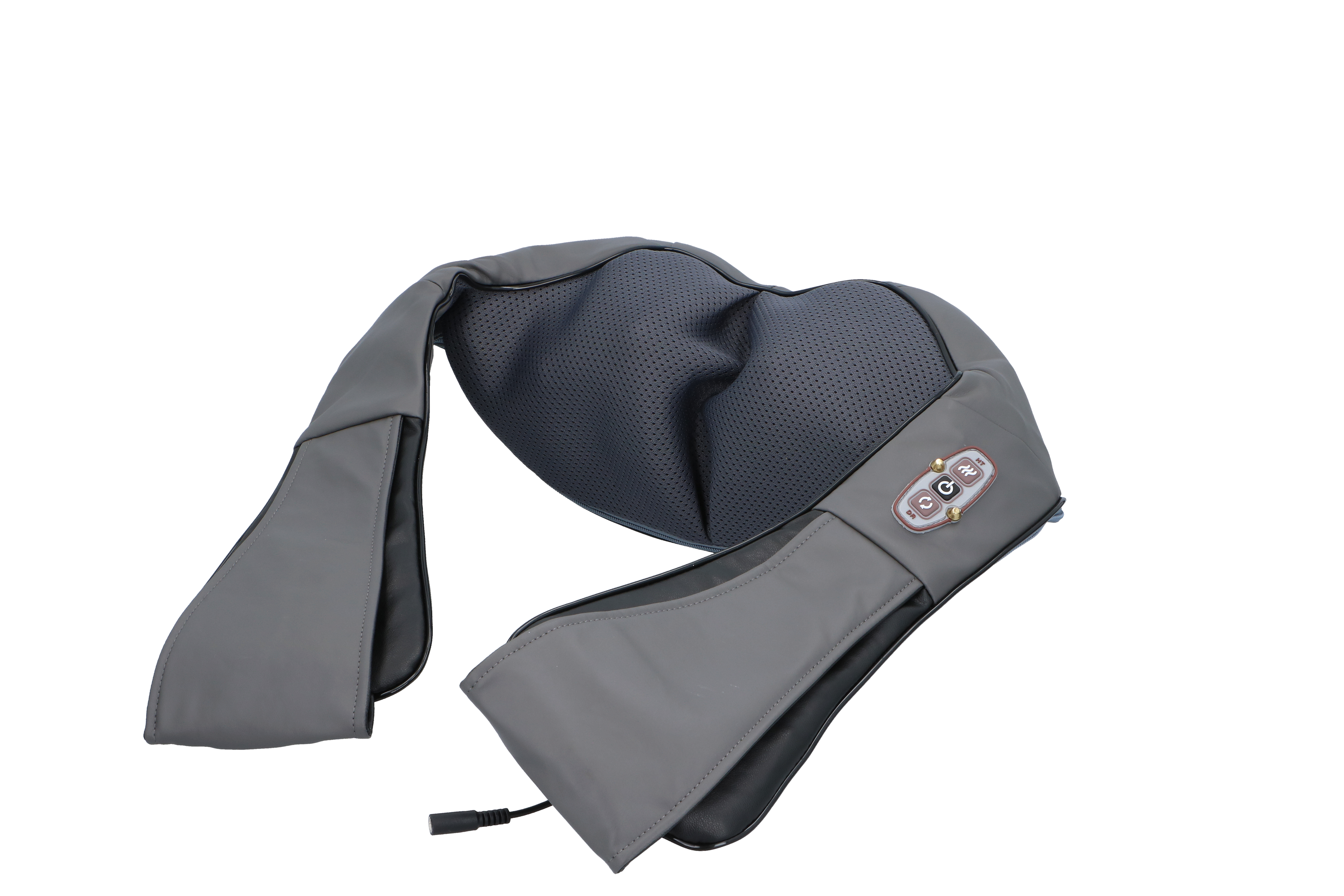 A gray massage device, a neck massager, on a black background.