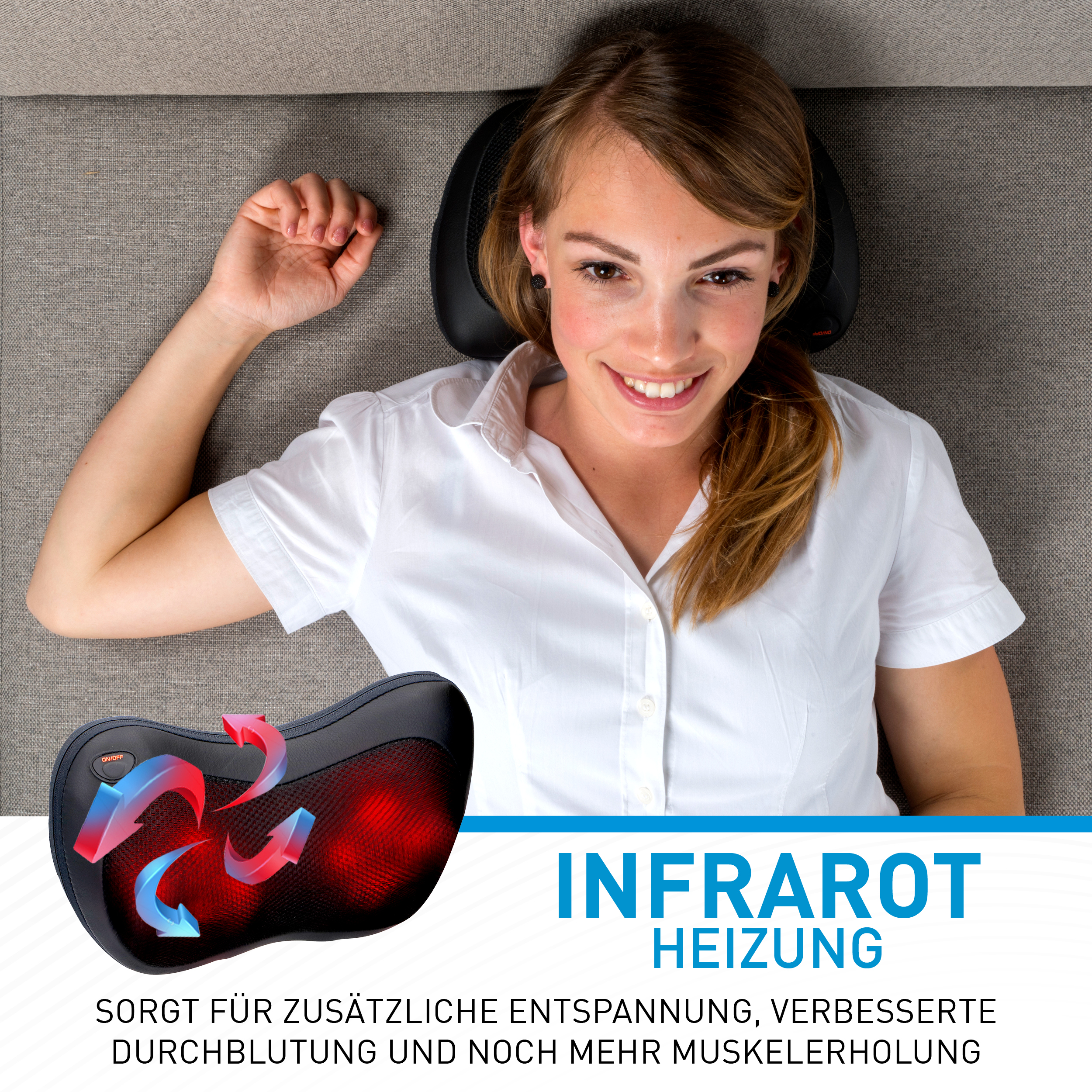 Woman using a neck massage pillow with infrared heat. The pillow is black and gray.