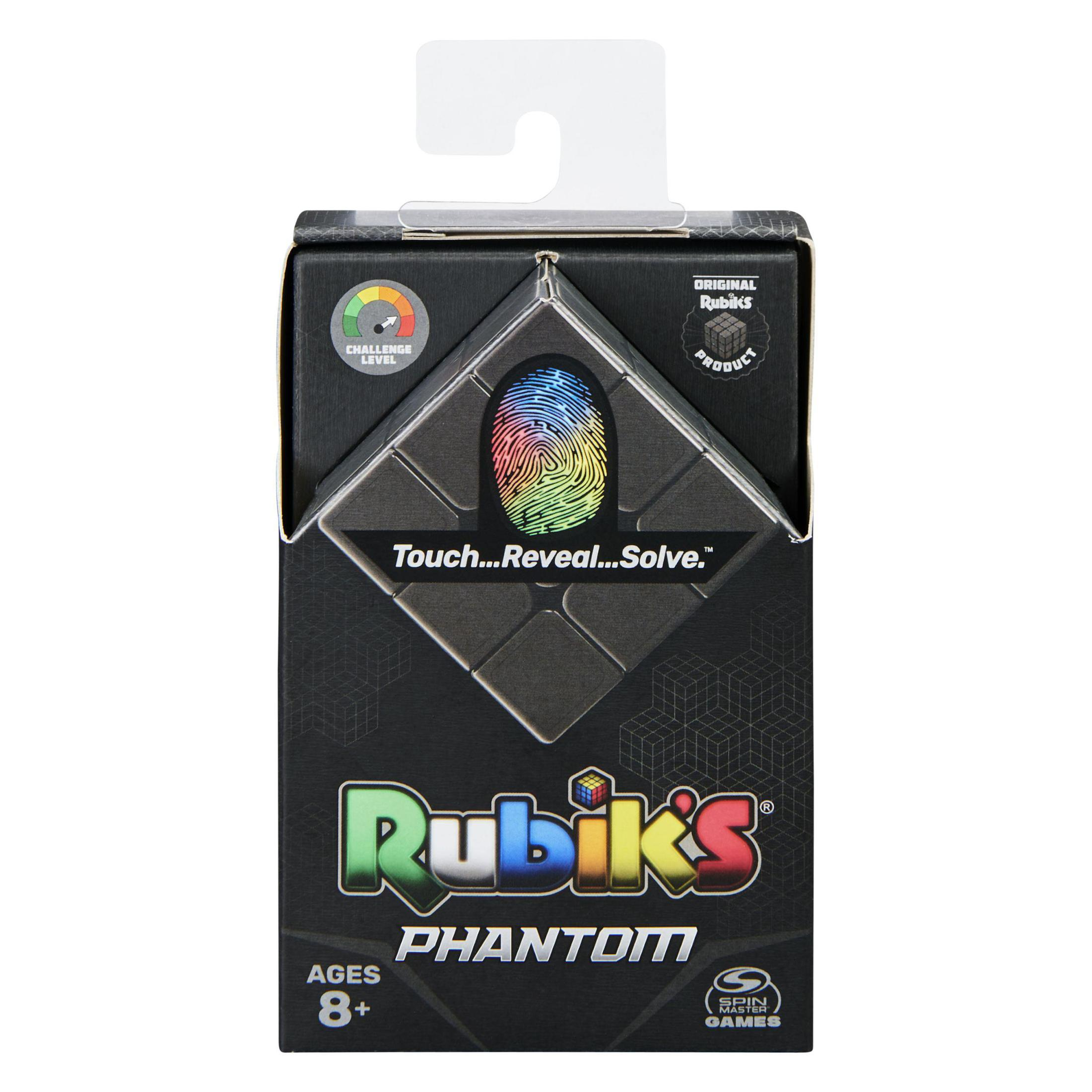 Scatola del puzzle Rubik's Phantom con livello di sfida e la frase 'Touch...Reveal...Solve'.