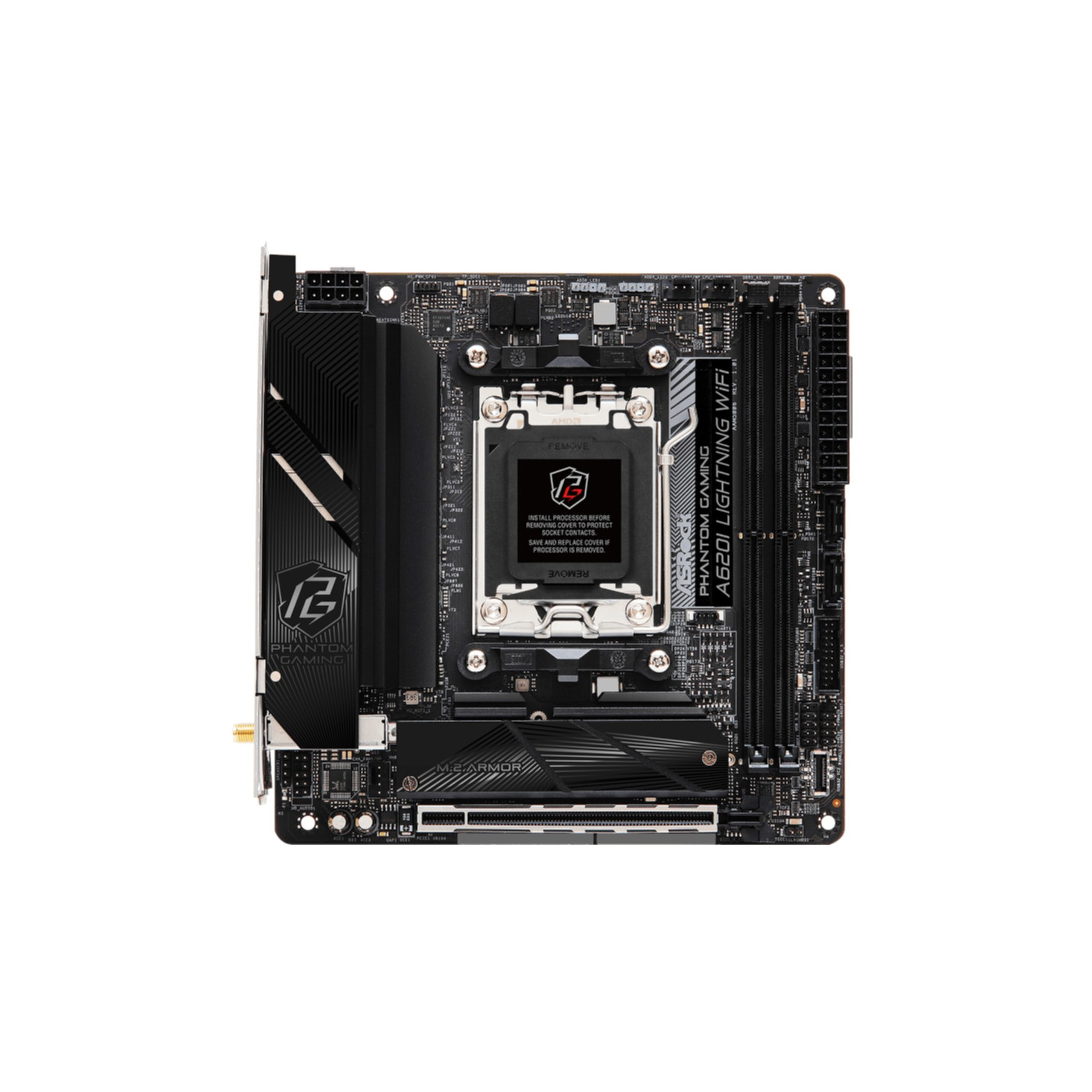 Una scheda madre nera con il logo Phantom Gaming, varie porte e slot per una build di computer.