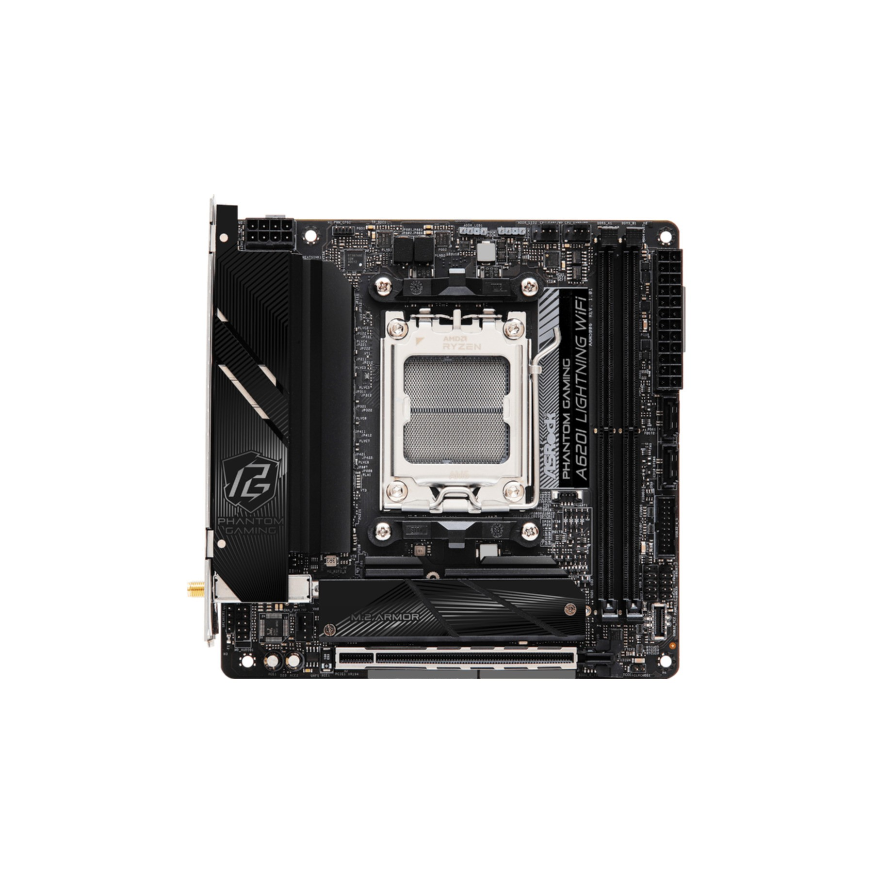 Scheda madre per computer nera e grigia. Ha un socket CPU, slot e vari connettori.