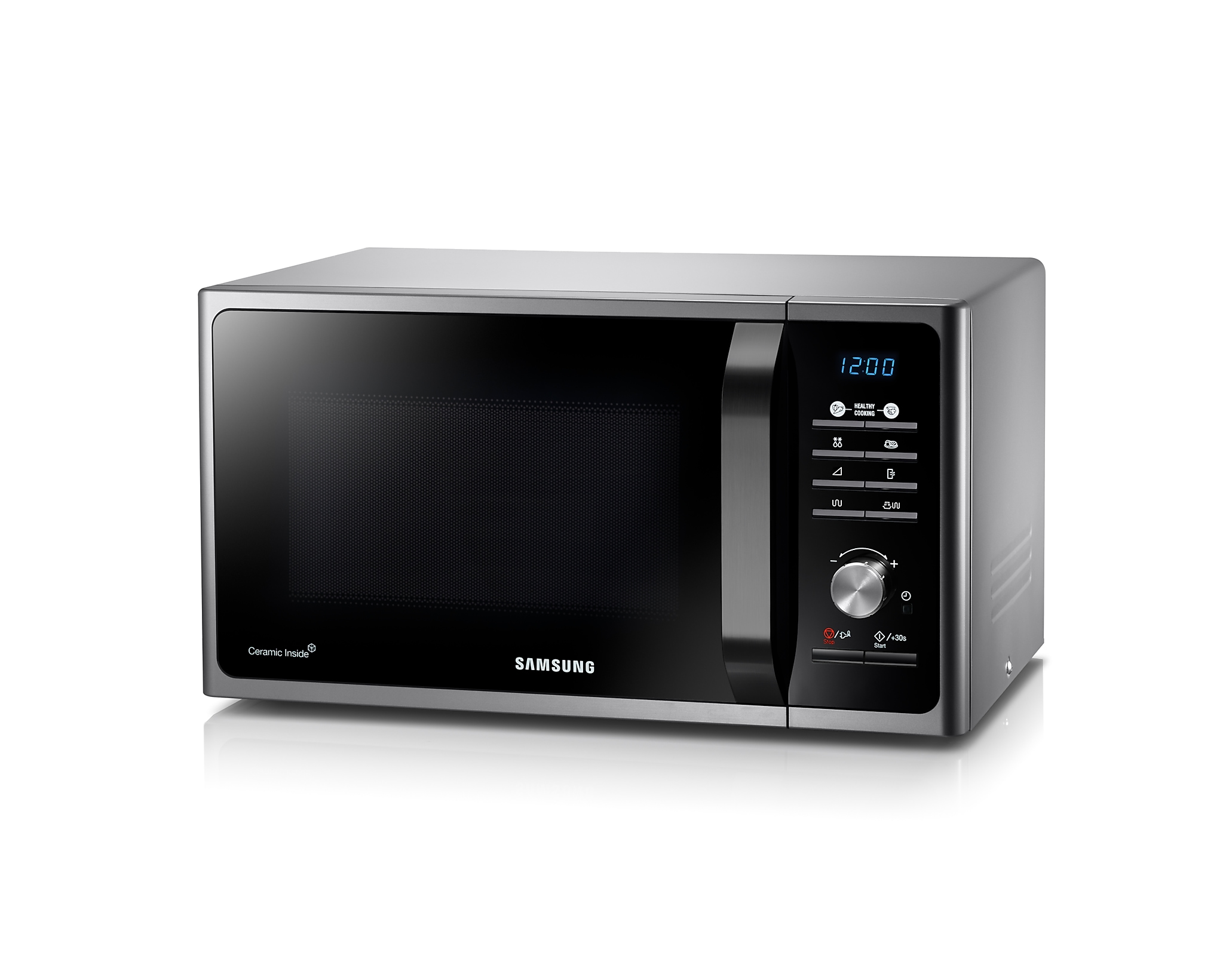 Forno a microonde Samsung in argento e nero. La porta è chiusa, display acceso.