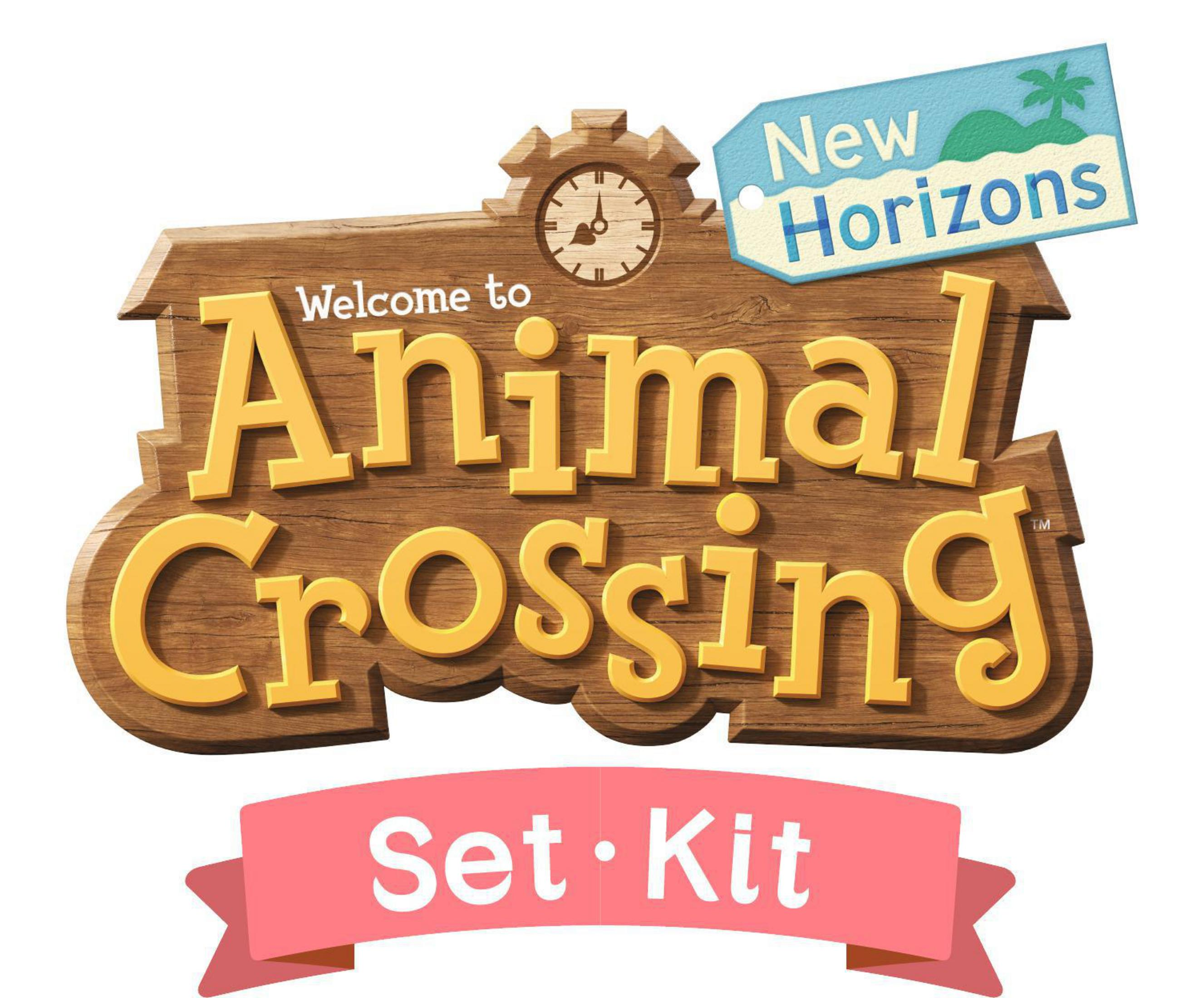 Logo di Animal Crossing su un cartello di legno con un nastro rosa e la frase 'New Horizons'.