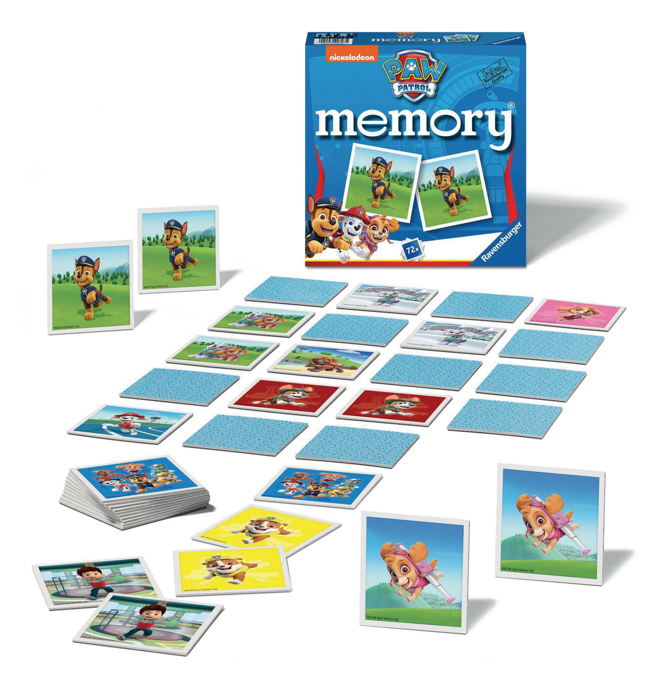 Paw Patrol Memory-Spielbox mit Karten und Spielsteinen.
