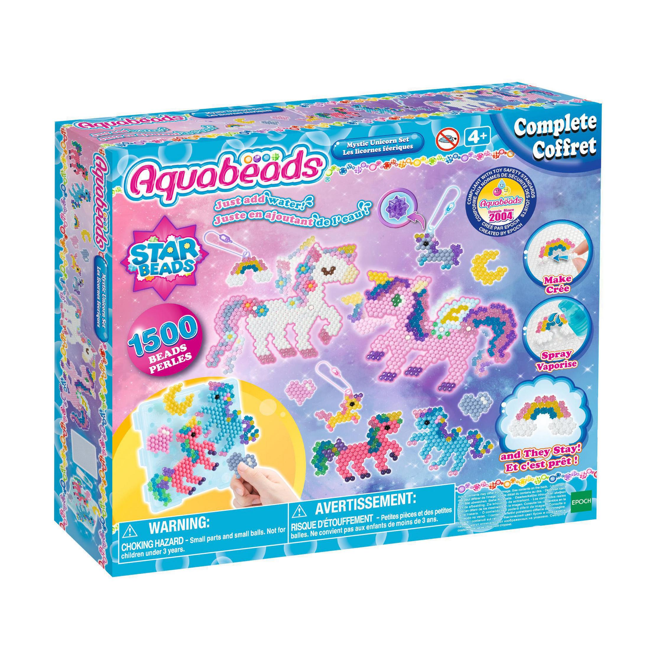 Eine Spielzeugkiste mit Einhörnern. Auf der Kiste steht 'Aquabeads' und 'Star Beads'.