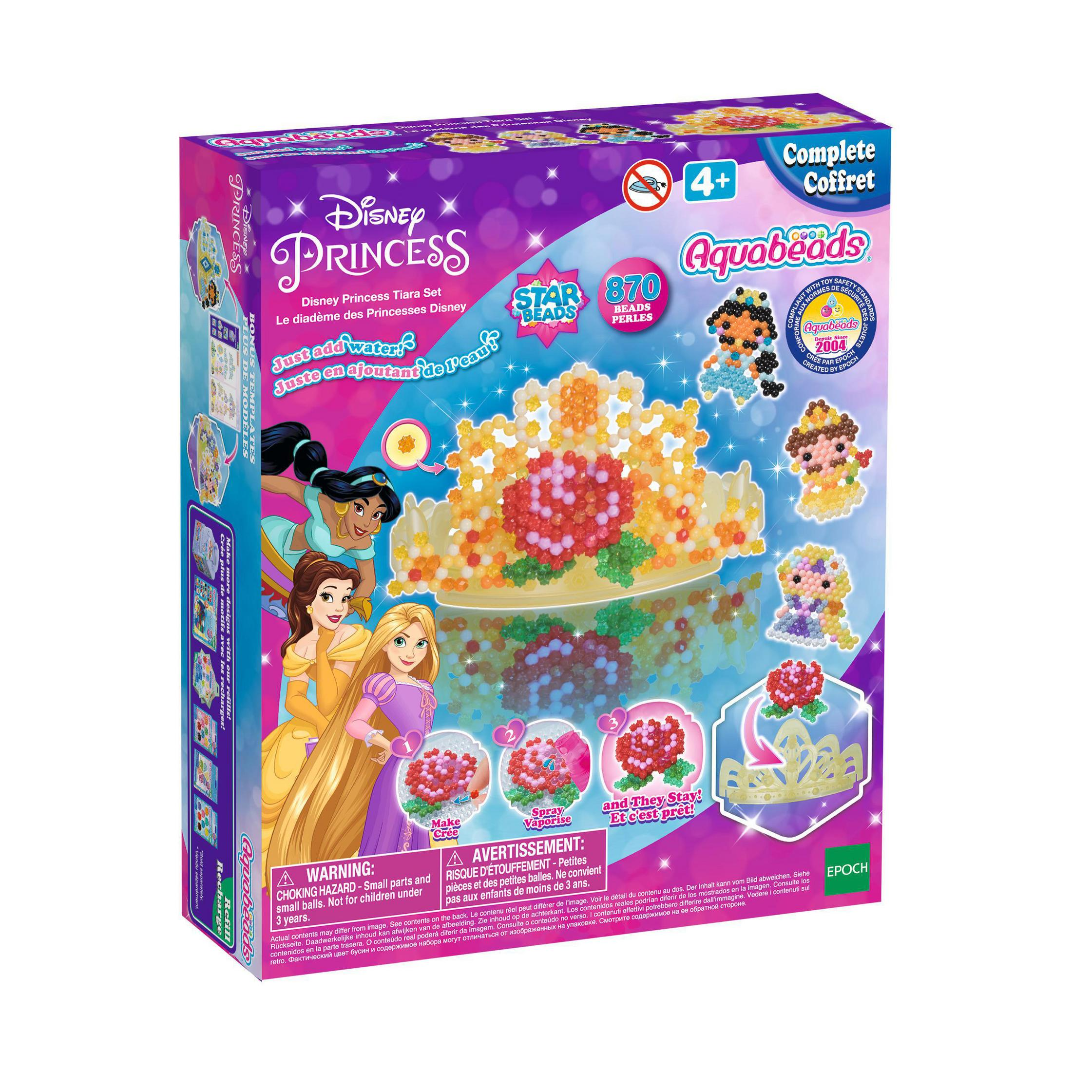 Un set di scatole Aquabeads Disney Princess con più immagini di principesse e perline.